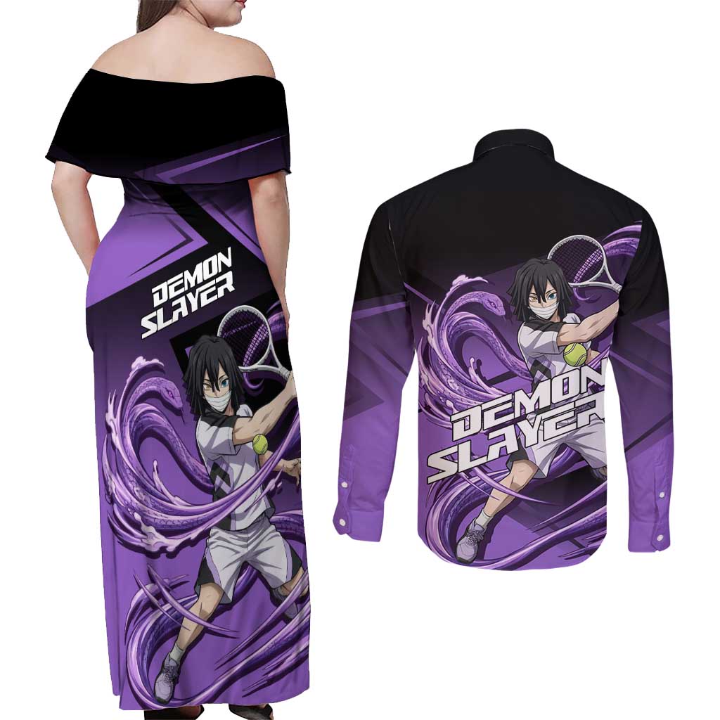 Obanai Iguro Serpent Strike Couples Matching Off Shoulder Maxi Dress and Long Sleeve Button Shirt Sporty Anime Mashup Style