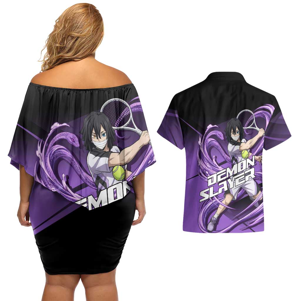Obanai Iguro Serpent Strike Couples Matching Off Shoulder Short Dress and Hawaiian Shirt Sporty Anime Mashup Style