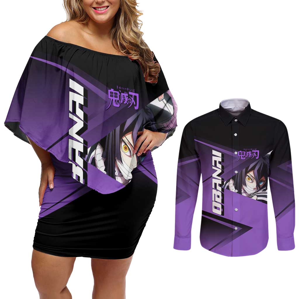 Obanai Iguro Serpent Strike Couples Matching Off Shoulder Short Dress and Long Sleeve Button Shirt Sporty Anime Mashup Style