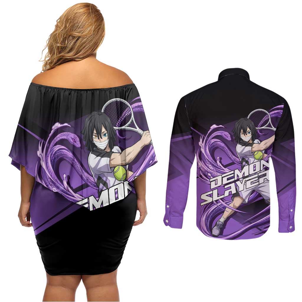 Obanai Iguro Serpent Strike Couples Matching Off Shoulder Short Dress and Long Sleeve Button Shirt Sporty Anime Mashup Style