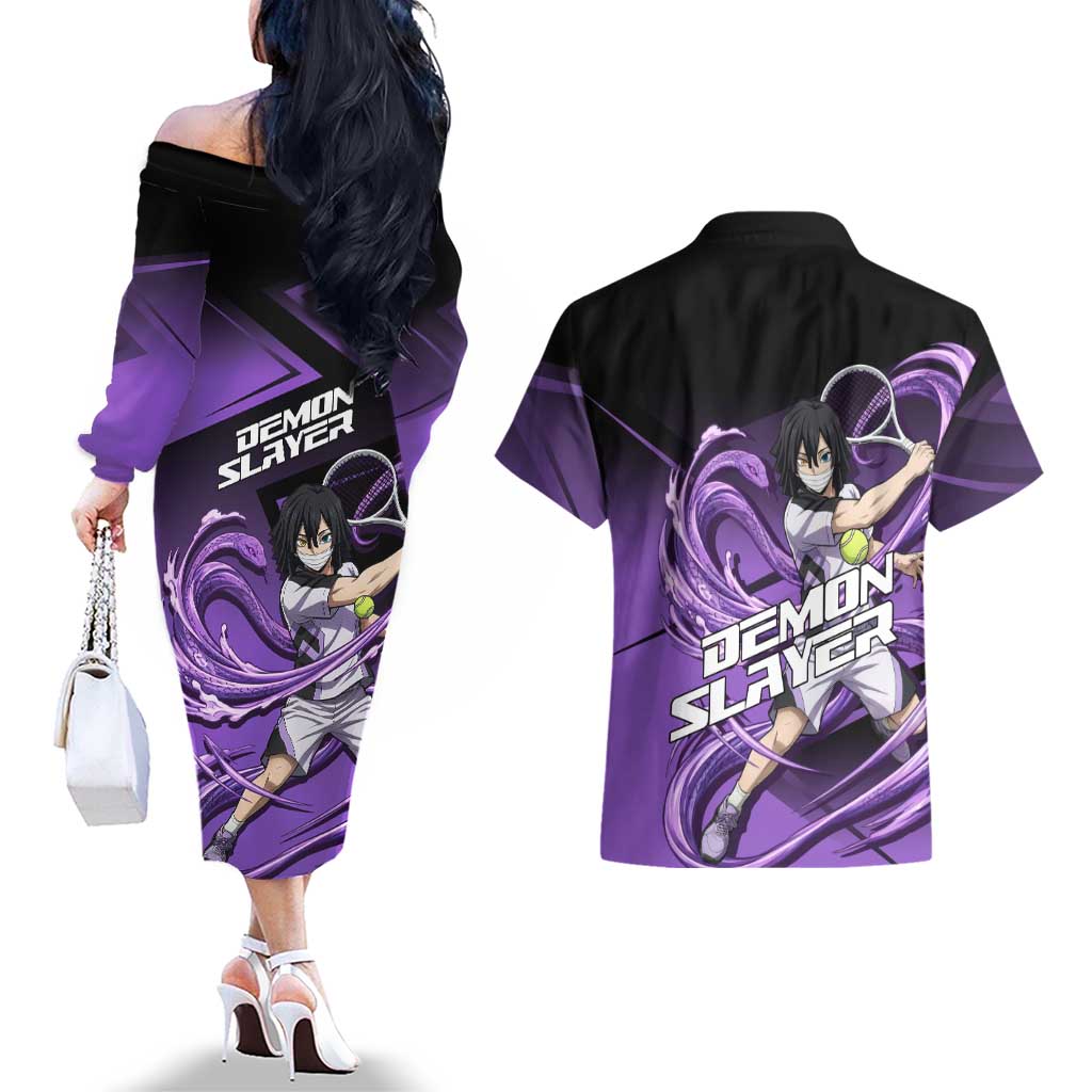 Obanai Iguro Serpent Strike Couples Matching Off The Shoulder Long Sleeve Dress and Hawaiian Shirt Sporty Anime Mashup Style
