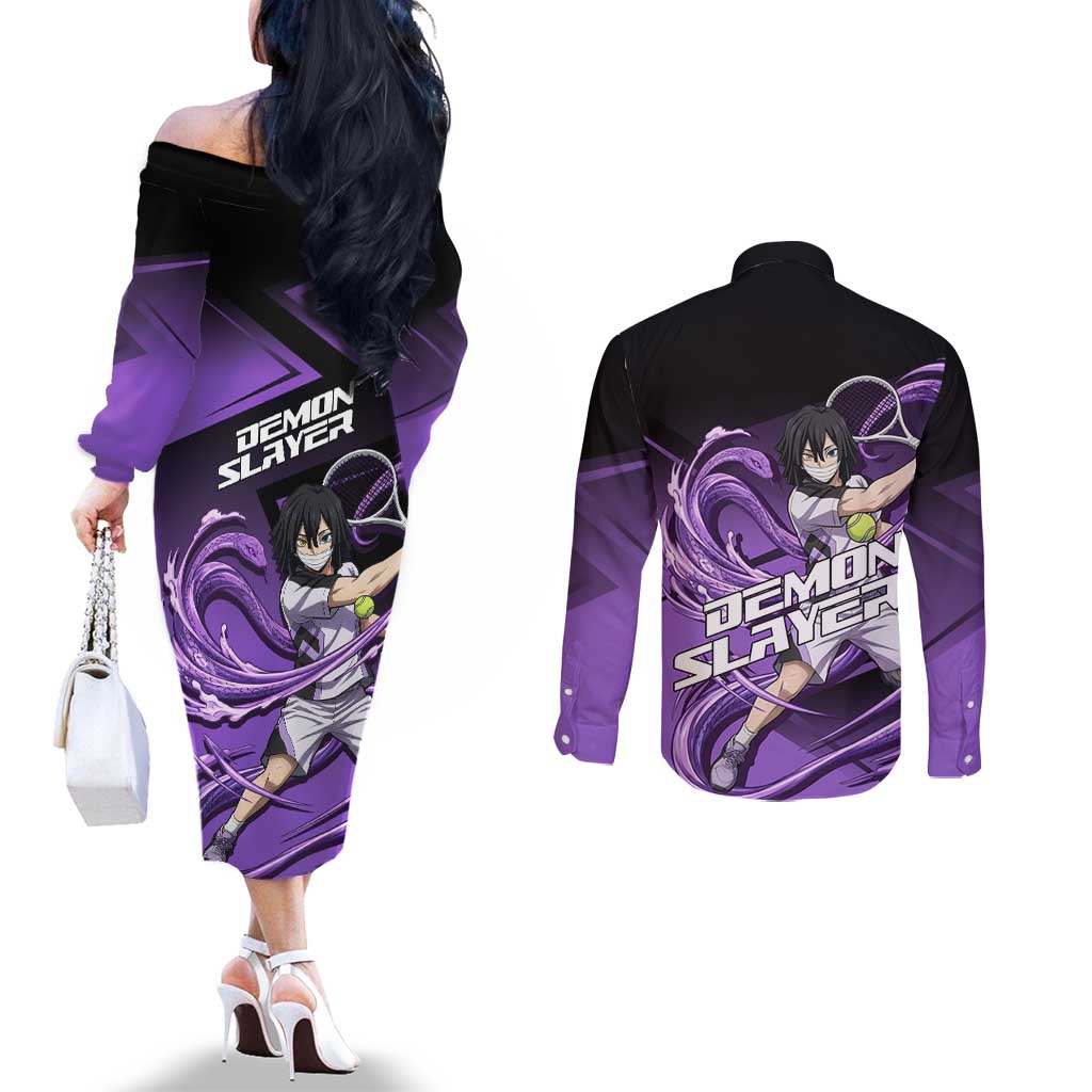 Obanai Iguro Serpent Strike Couples Matching Off The Shoulder Long Sleeve Dress and Long Sleeve Button Shirt Sporty Anime Mashup Style