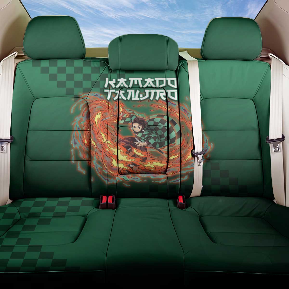Kamado Tanjiro Demon Slayer Back Car Seat Cover Flame Burst Anime Checkered Style