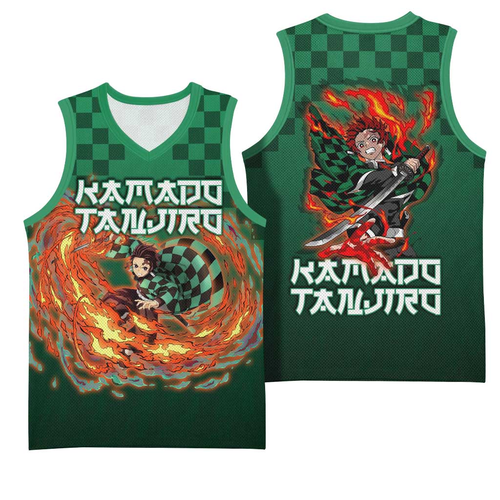 Kamado Tanjiro Demon Slayer Basketball Jersey Flame Burst Anime Checkered Style