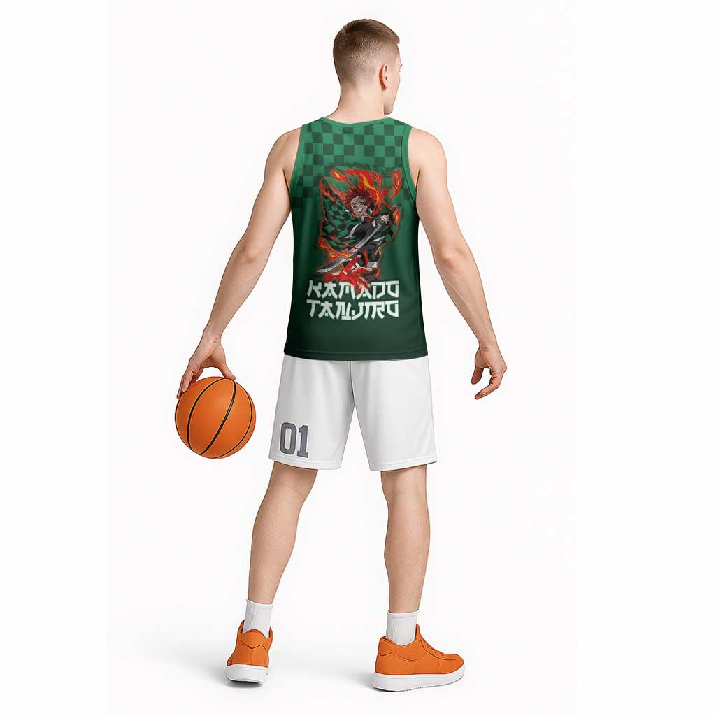 Kamado Tanjiro Demon Slayer Basketball Jersey Flame Burst Anime Checkered Style