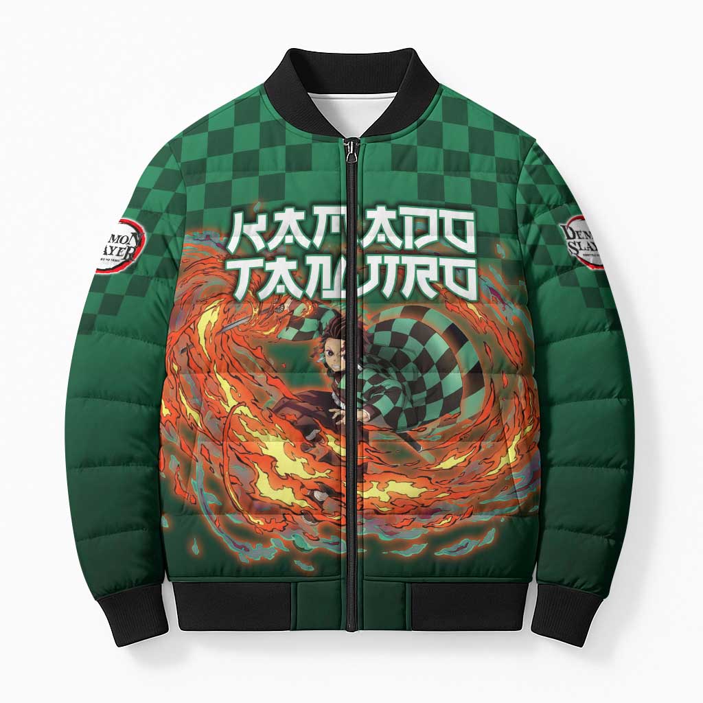 Kamado Tanjiro Demon Slayer Bomber Puffer Jacket Flame Burst Anime Checkered Style