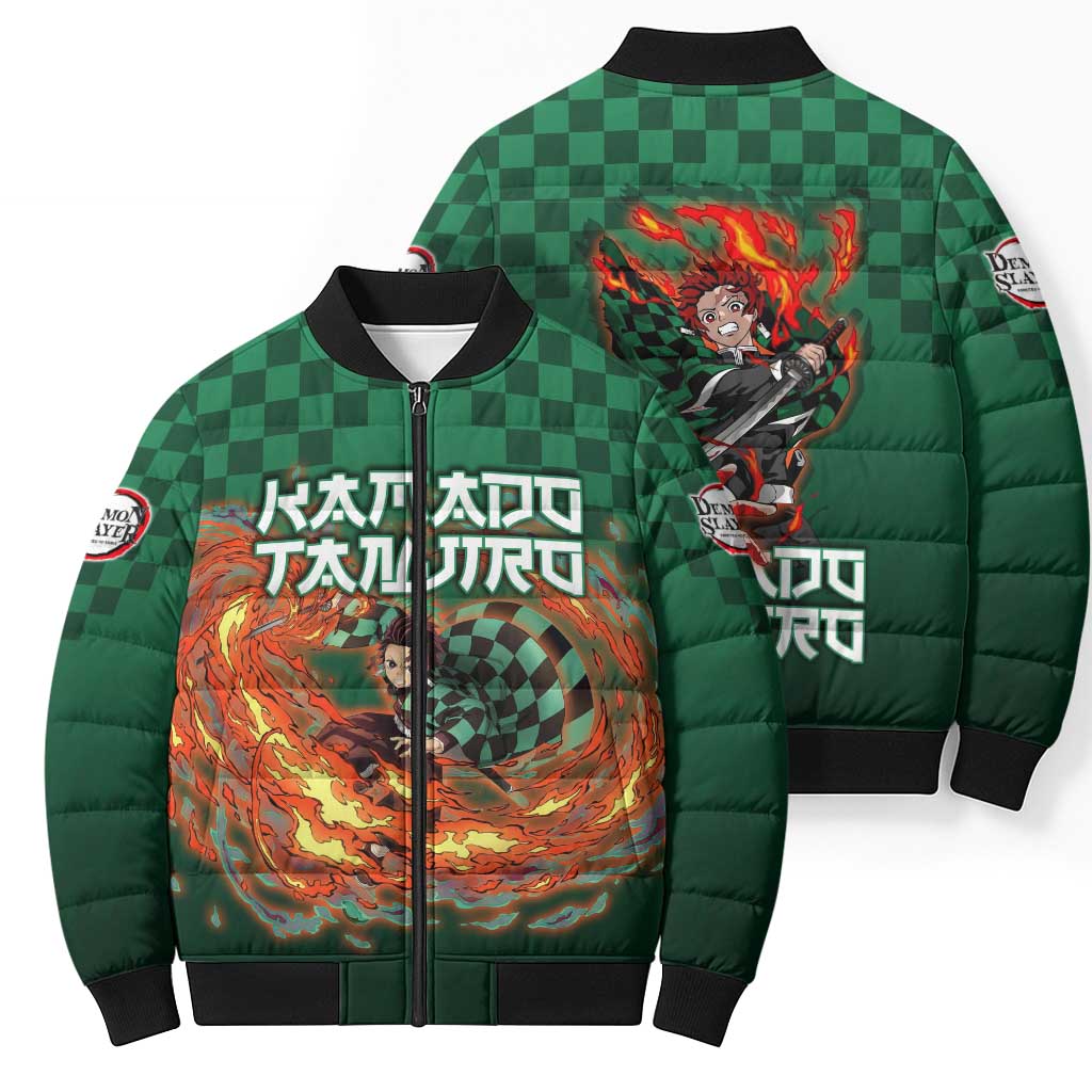 Kamado Tanjiro Demon Slayer Bomber Puffer Jacket Flame Burst Anime Checkered Style