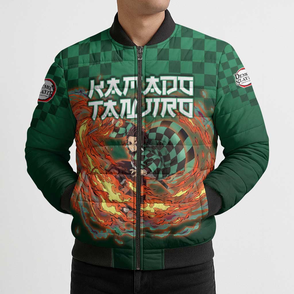 Kamado Tanjiro Demon Slayer Bomber Puffer Jacket Flame Burst Anime Checkered Style