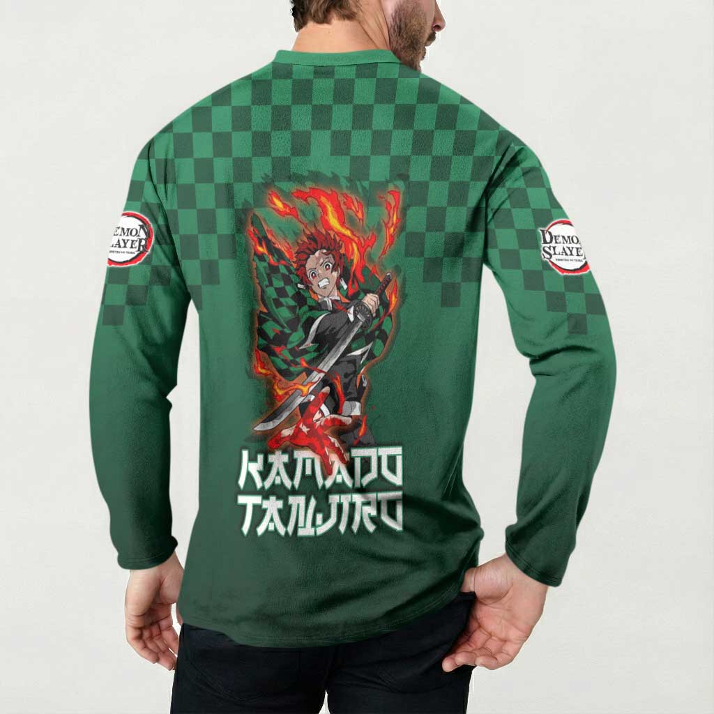 Kamado Tanjiro Demon Slayer Button Sweatshirt Flame Burst Anime Checkered Style