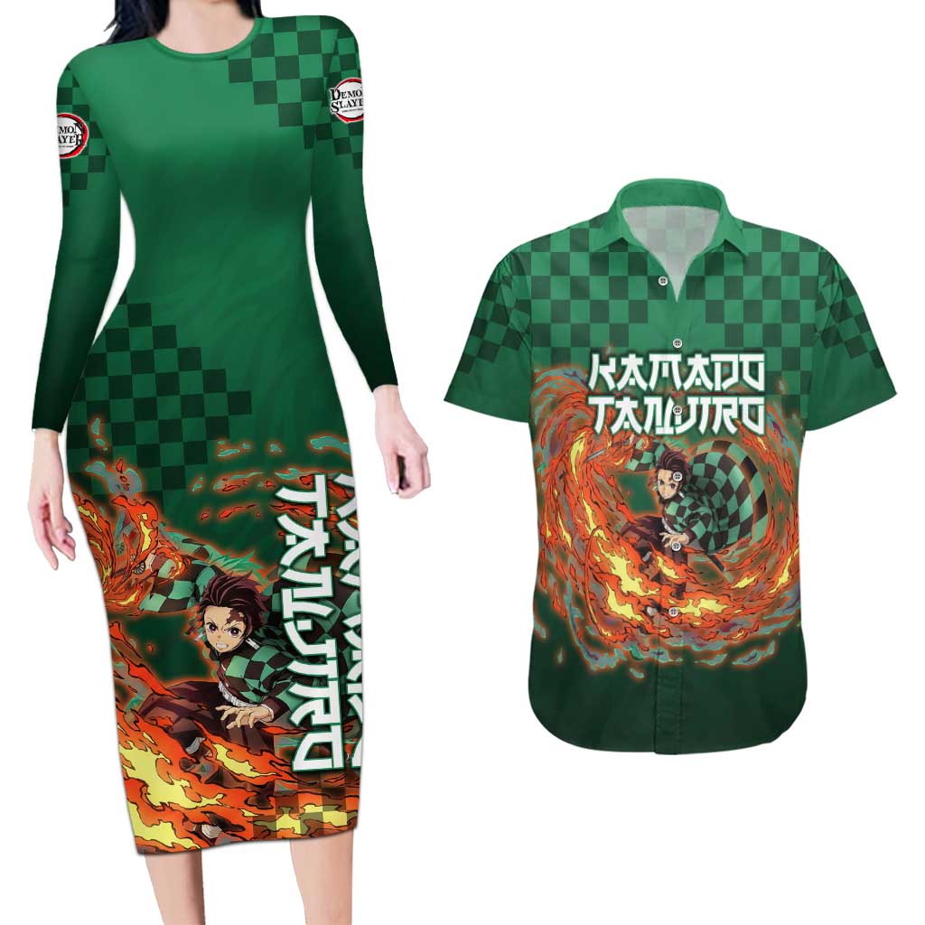Kamado Tanjiro Demon Slayer Couples Matching Long Sleeve Bodycon Dress and Hawaiian Shirt Flame Burst Anime Checkered Style