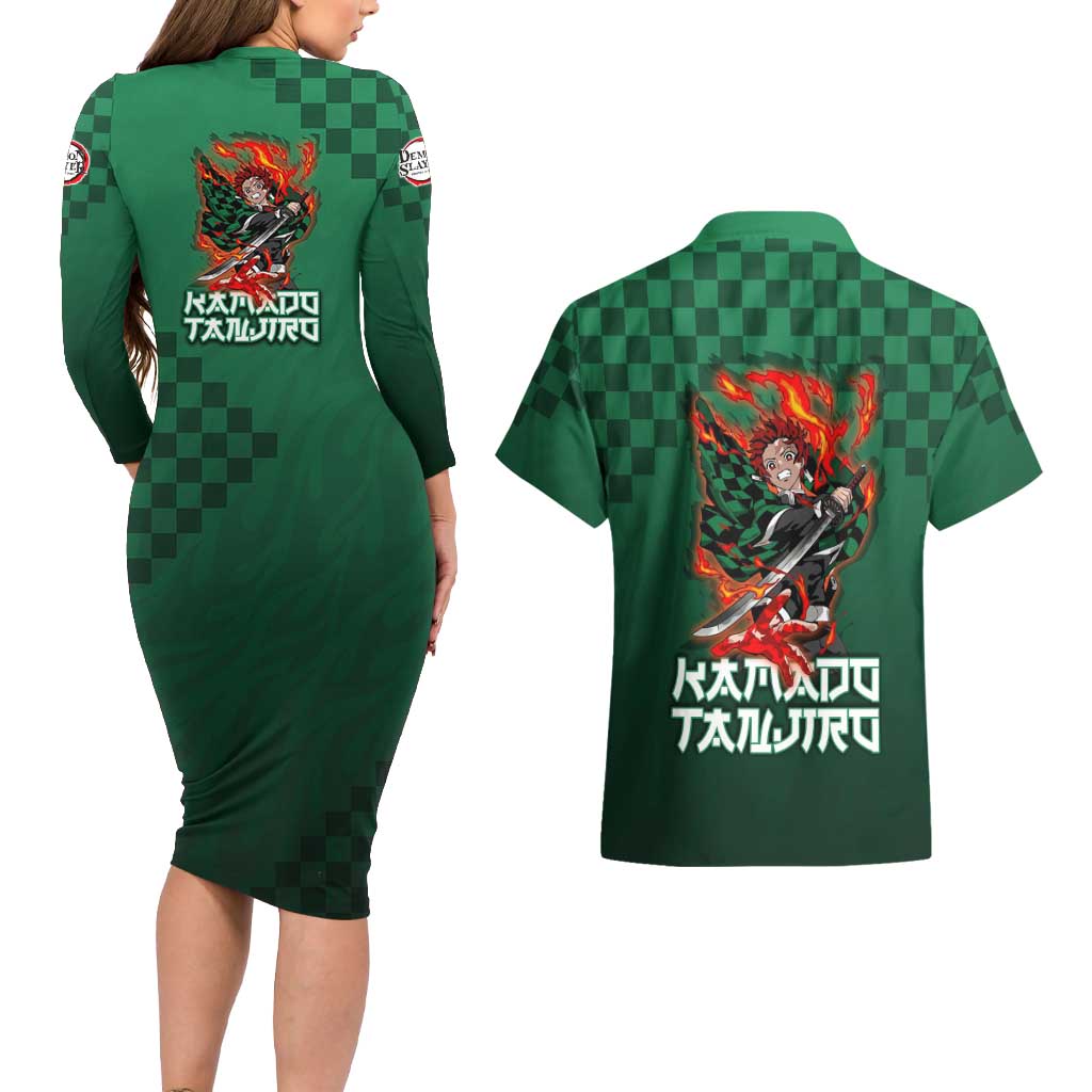 Kamado Tanjiro Demon Slayer Couples Matching Long Sleeve Bodycon Dress and Hawaiian Shirt Flame Burst Anime Checkered Style