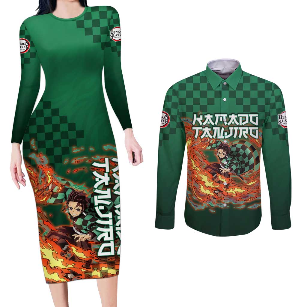 Kamado Tanjiro Demon Slayer Couples Matching Long Sleeve Bodycon Dress and Long Sleeve Button Shirt Flame Burst Anime Checkered Style