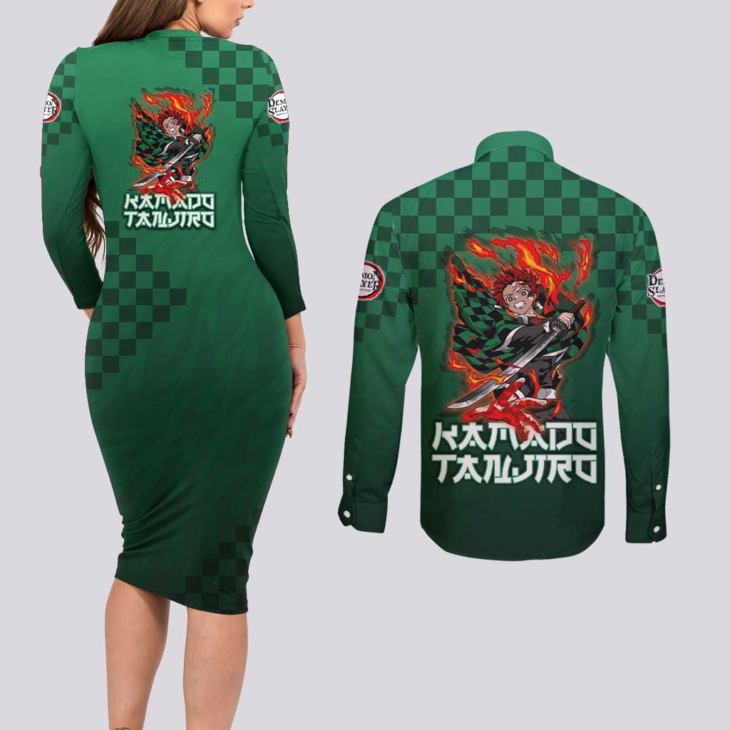 Kamado Tanjiro Demon Slayer Couples Matching Long Sleeve Bodycon Dress and Long Sleeve Button Shirt Flame Burst Anime Checkered Style