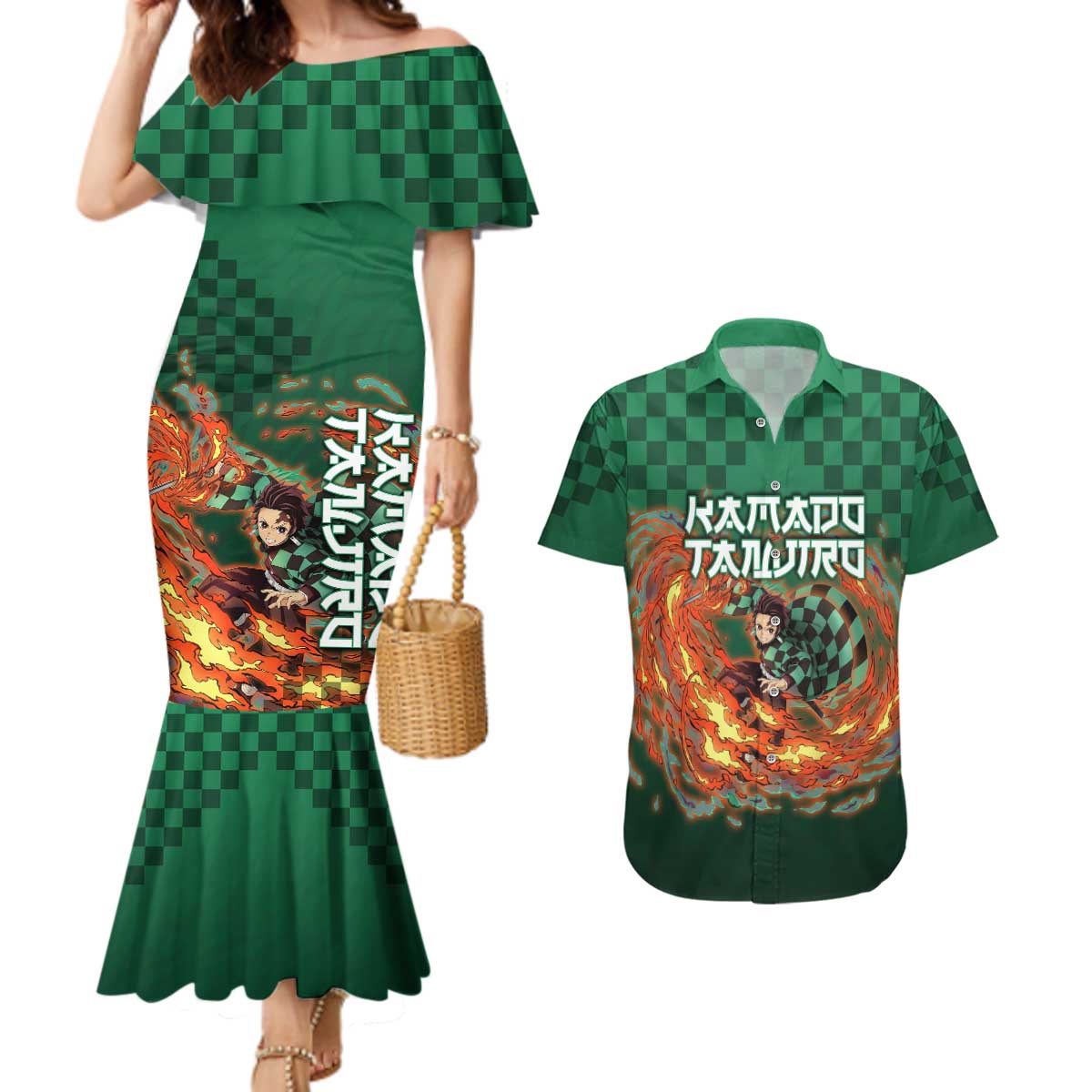 Kamado Tanjiro Demon Slayer Couples Matching Mermaid Dress and Hawaiian Shirt Flame Burst Anime Checkered Style