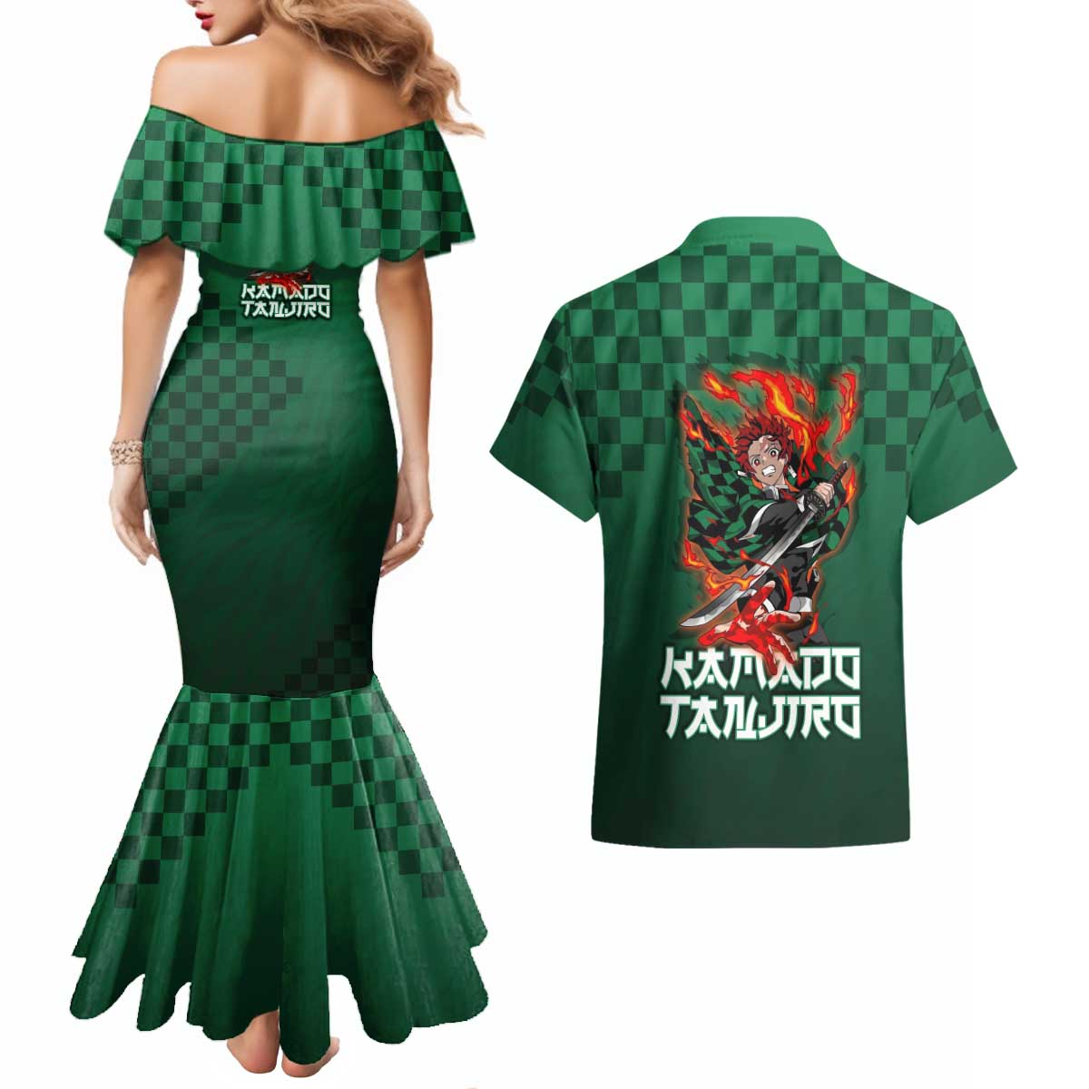 Kamado Tanjiro Demon Slayer Couples Matching Mermaid Dress and Hawaiian Shirt Flame Burst Anime Checkered Style