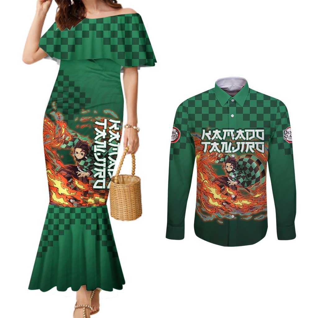 Kamado Tanjiro Demon Slayer Couples Matching Mermaid Dress and Long Sleeve Button Shirt Flame Burst Anime Checkered Style