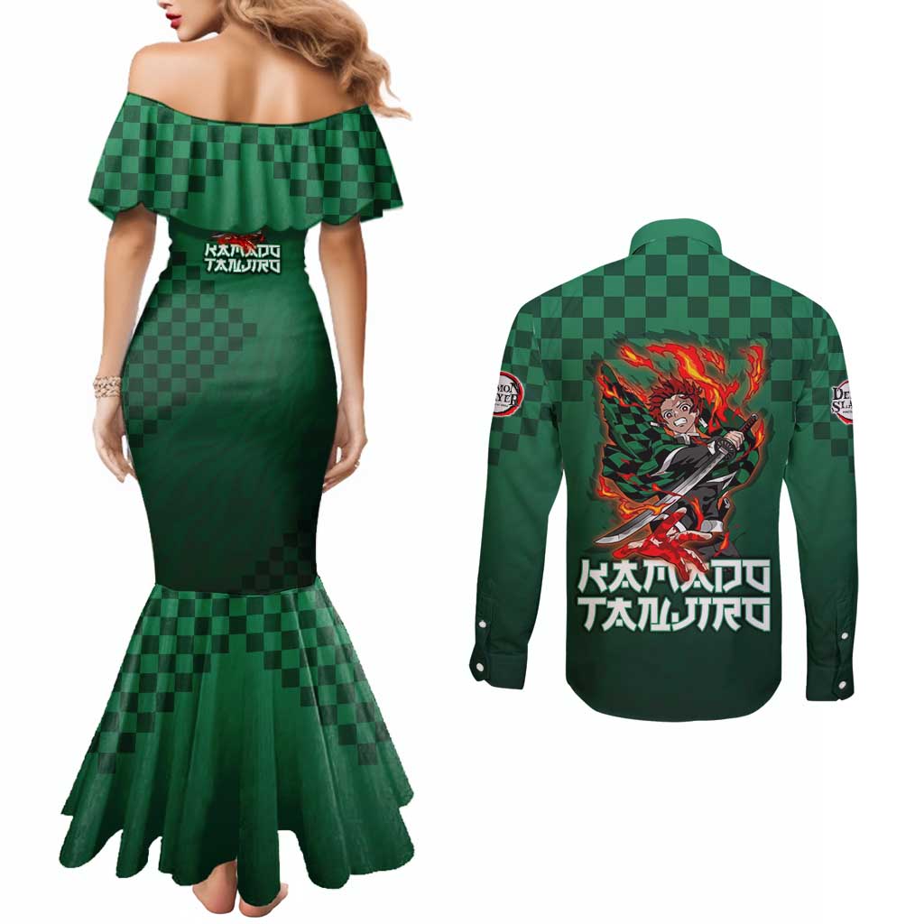 Kamado Tanjiro Demon Slayer Couples Matching Mermaid Dress and Long Sleeve Button Shirt Flame Burst Anime Checkered Style