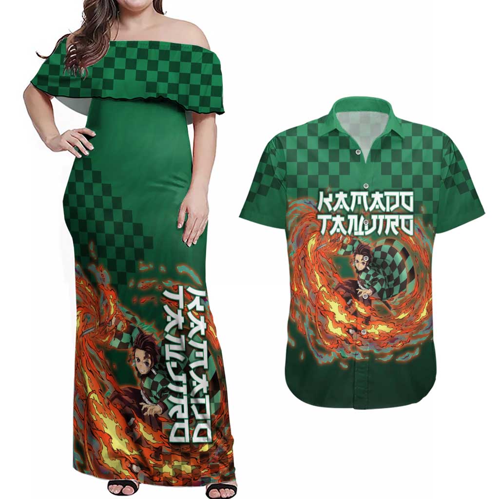 Kamado Tanjiro Demon Slayer Couples Matching Off Shoulder Maxi Dress and Hawaiian Shirt Flame Burst Anime Checkered Style