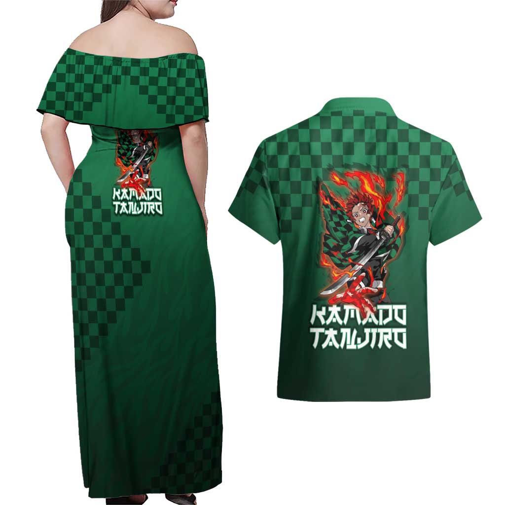 Kamado Tanjiro Demon Slayer Couples Matching Off Shoulder Maxi Dress and Hawaiian Shirt Flame Burst Anime Checkered Style