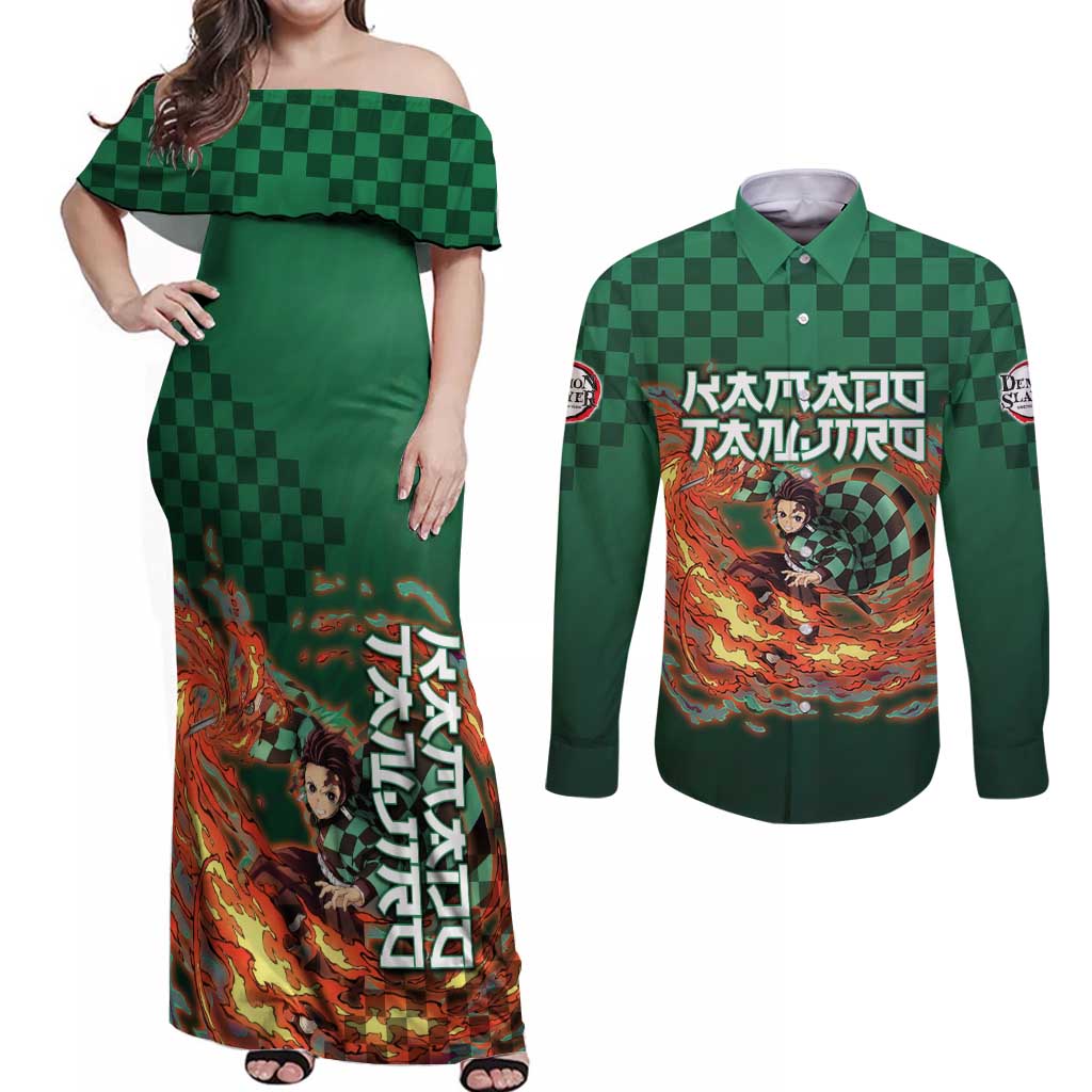 Kamado Tanjiro Demon Slayer Couples Matching Off Shoulder Maxi Dress and Long Sleeve Button Shirt Flame Burst Anime Checkered Style