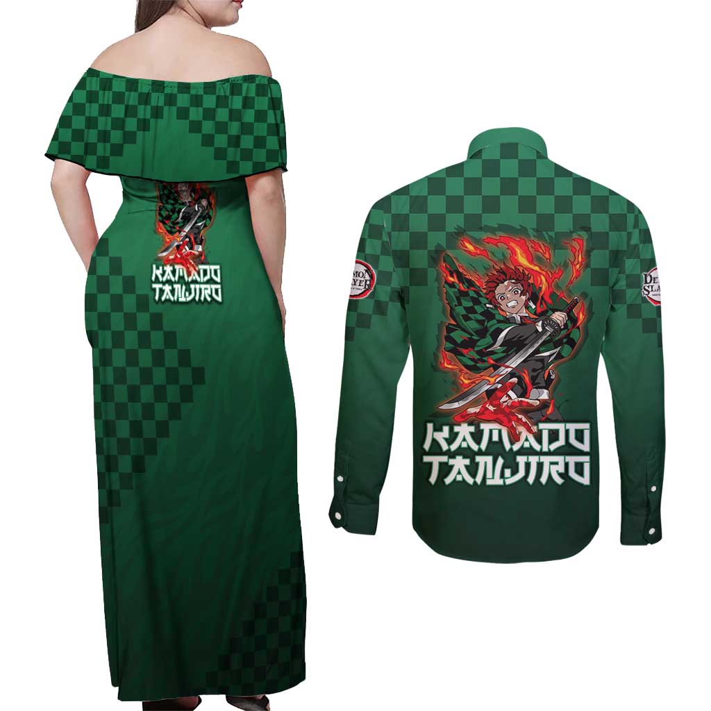 Kamado Tanjiro Demon Slayer Couples Matching Off Shoulder Maxi Dress and Long Sleeve Button Shirt Flame Burst Anime Checkered Style