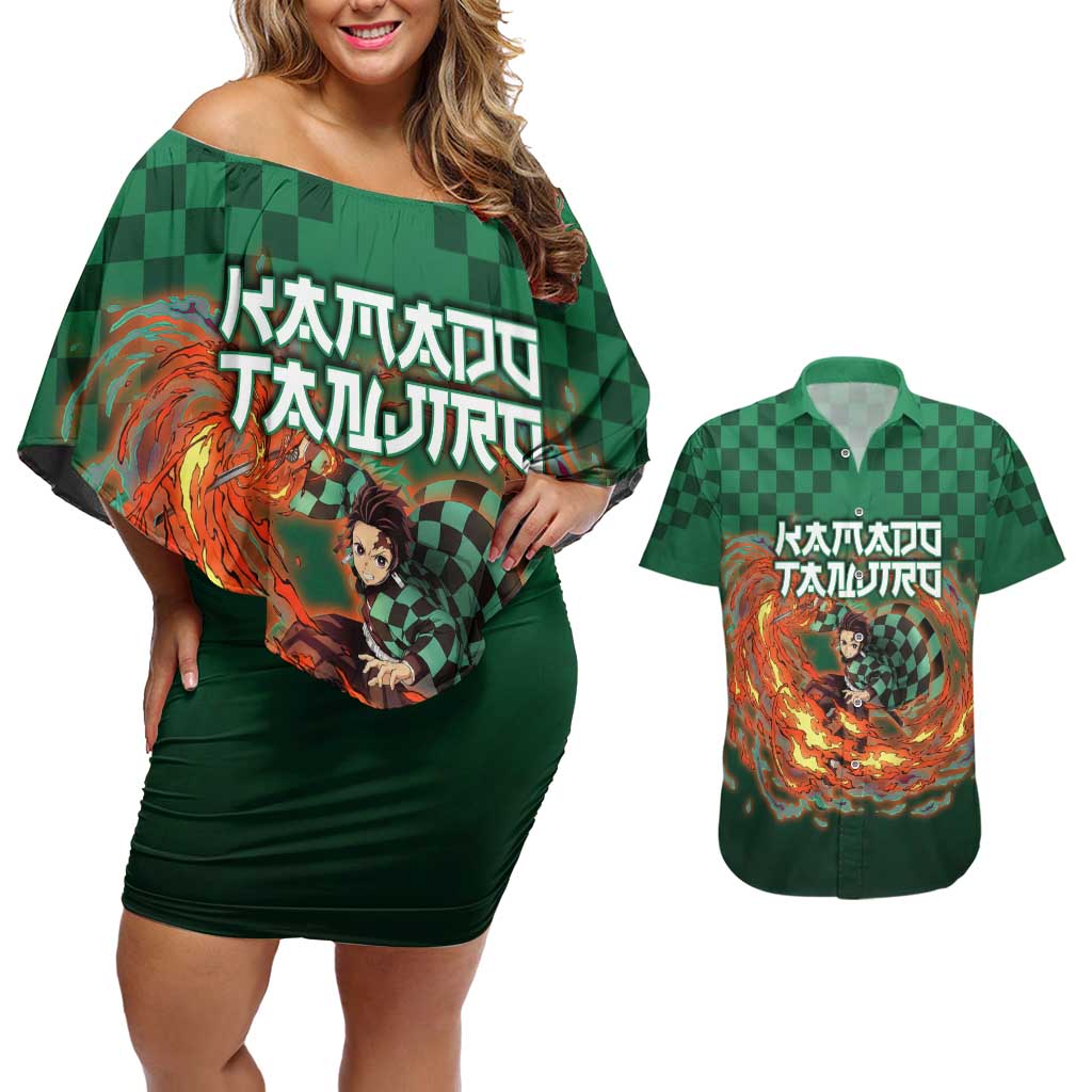 Kamado Tanjiro Demon Slayer Couples Matching Off Shoulder Short Dress and Hawaiian Shirt Flame Burst Anime Checkered Style