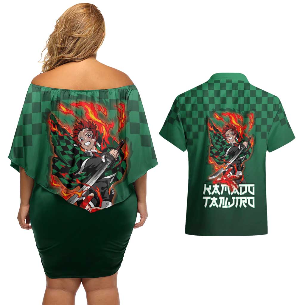 Kamado Tanjiro Demon Slayer Couples Matching Off Shoulder Short Dress and Hawaiian Shirt Flame Burst Anime Checkered Style