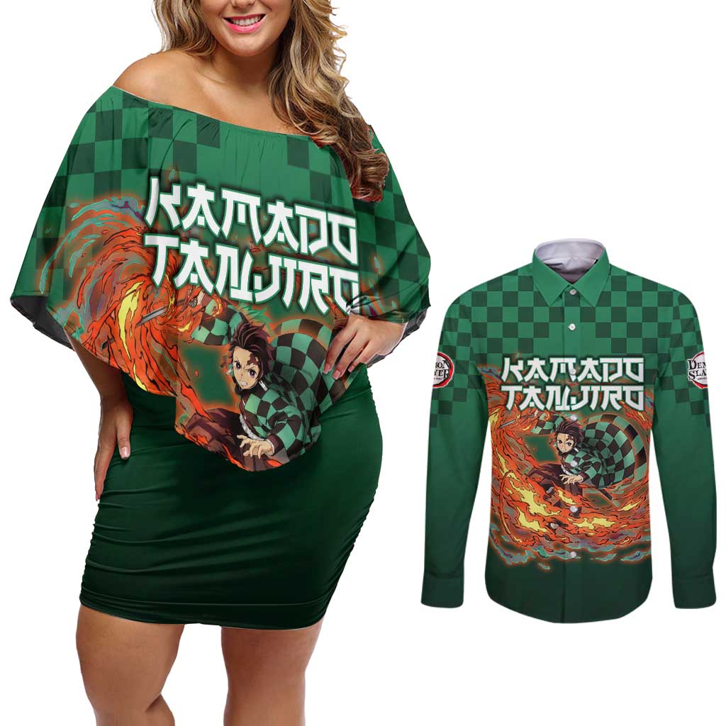 Kamado Tanjiro Demon Slayer Couples Matching Off Shoulder Short Dress and Long Sleeve Button Shirt Flame Burst Anime Checkered Style