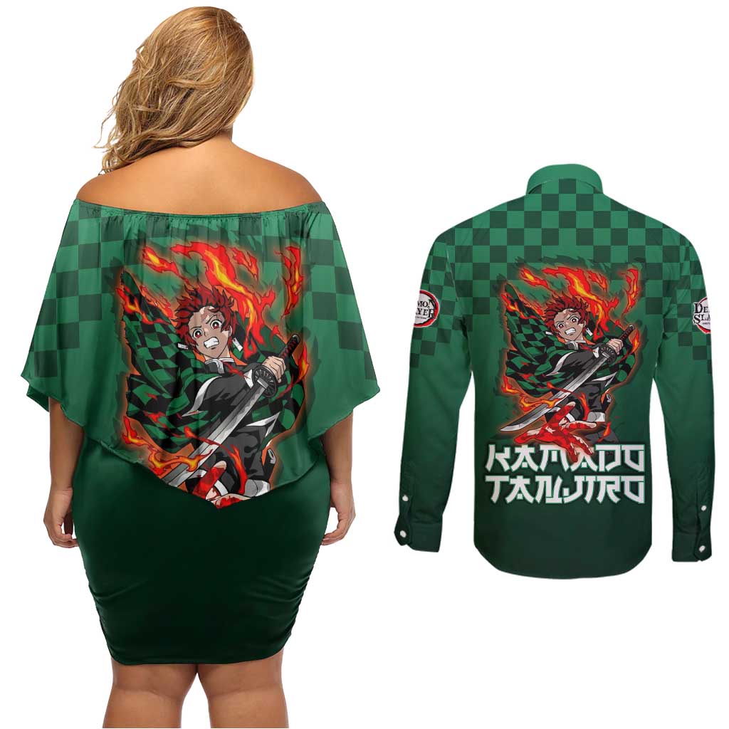 Kamado Tanjiro Demon Slayer Couples Matching Off Shoulder Short Dress and Long Sleeve Button Shirt Flame Burst Anime Checkered Style