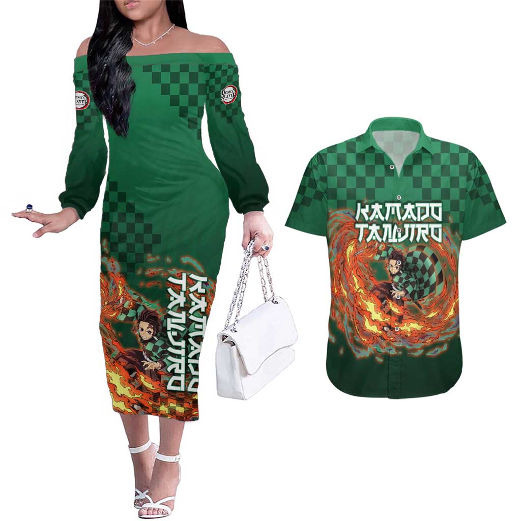 Kamado Tanjiro Demon Slayer Couples Matching Off The Shoulder Long Sleeve Dress and Hawaiian Shirt Flame Burst Anime Checkered Style