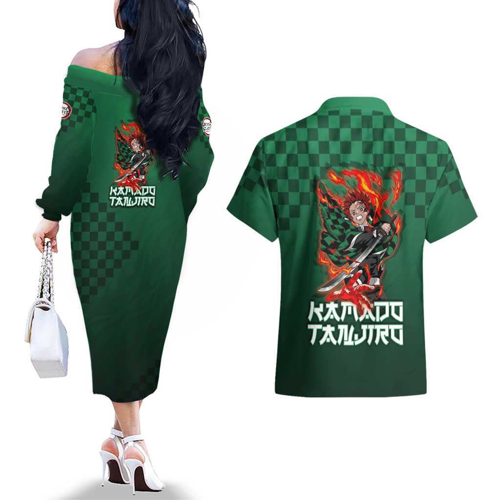 Kamado Tanjiro Demon Slayer Couples Matching Off The Shoulder Long Sleeve Dress and Hawaiian Shirt Flame Burst Anime Checkered Style