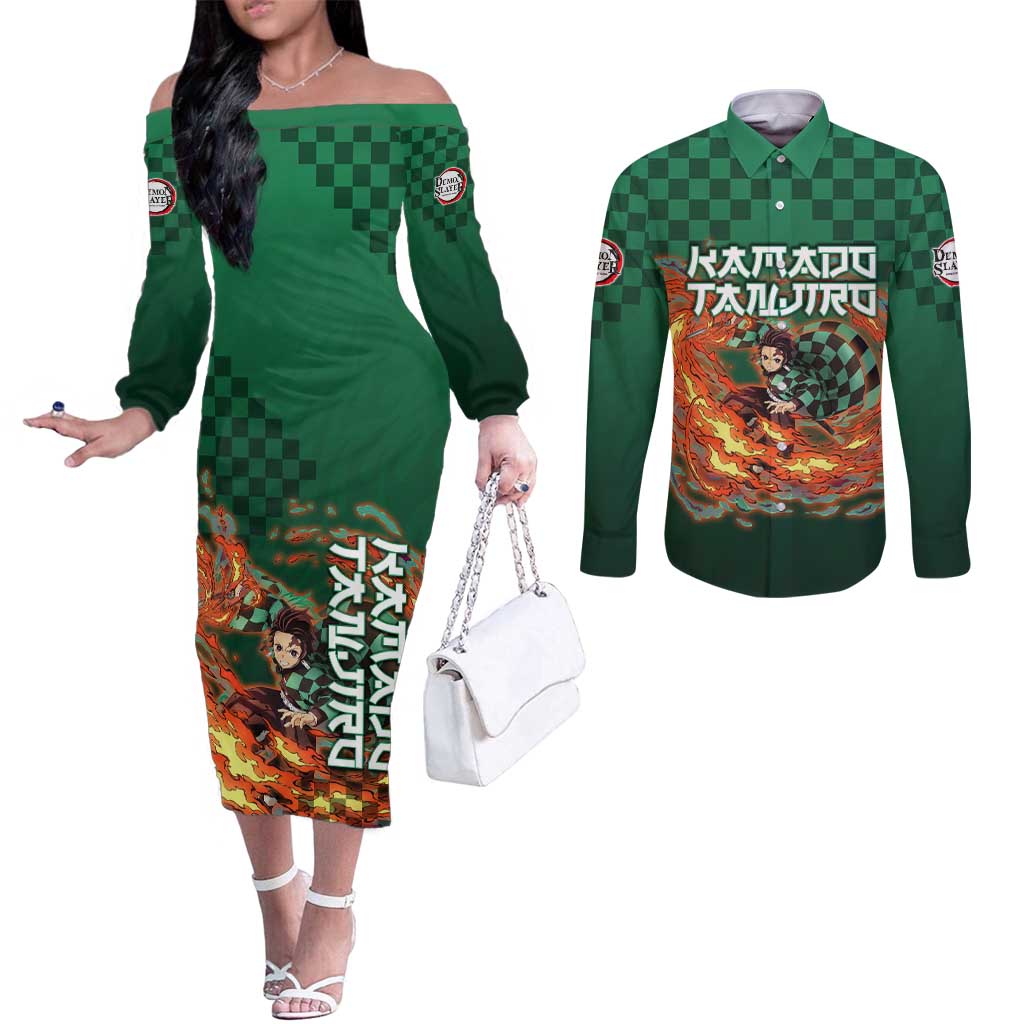 Kamado Tanjiro Demon Slayer Couples Matching Off The Shoulder Long Sleeve Dress and Long Sleeve Button Shirt Flame Burst Anime Checkered Style