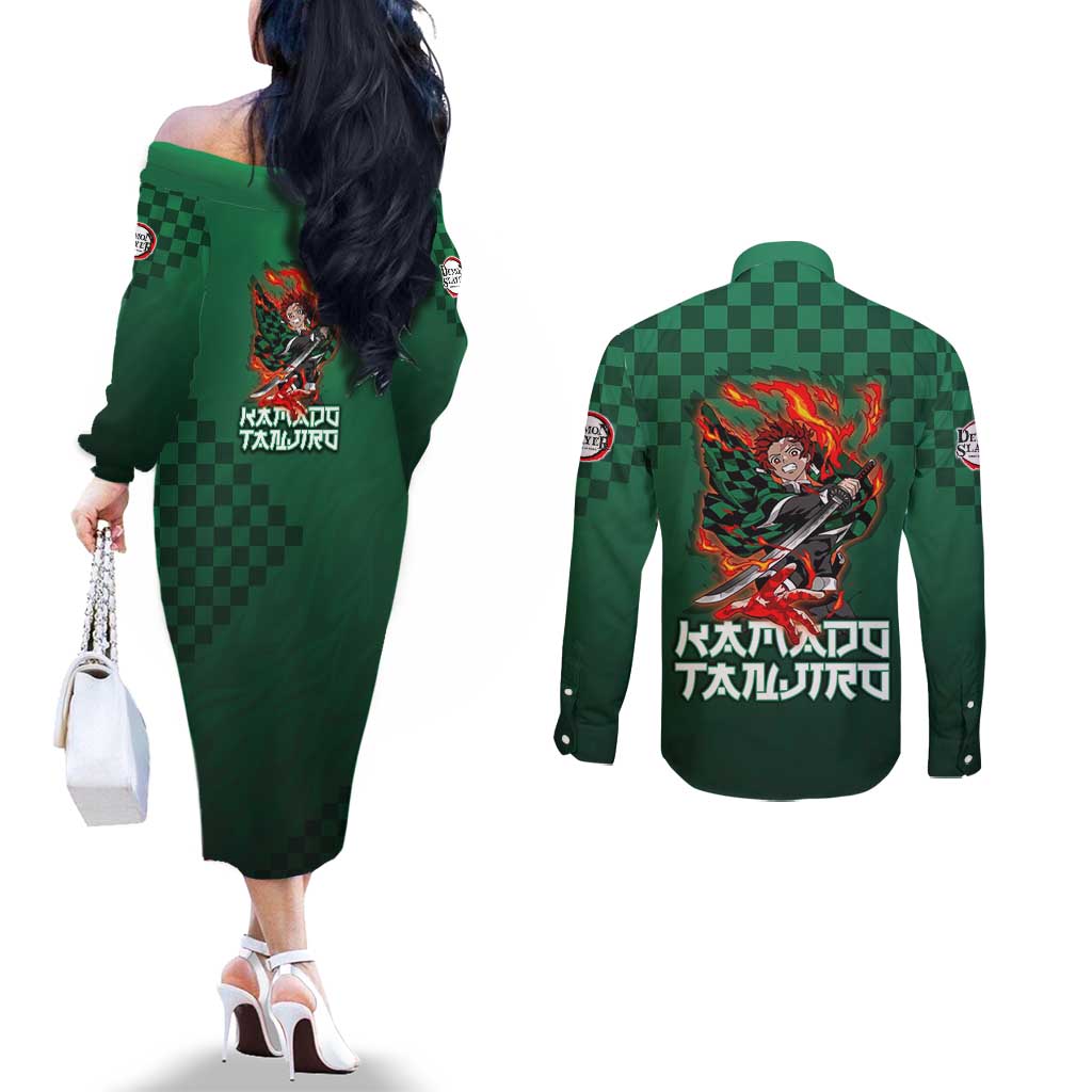 Kamado Tanjiro Demon Slayer Couples Matching Off The Shoulder Long Sleeve Dress and Long Sleeve Button Shirt Flame Burst Anime Checkered Style