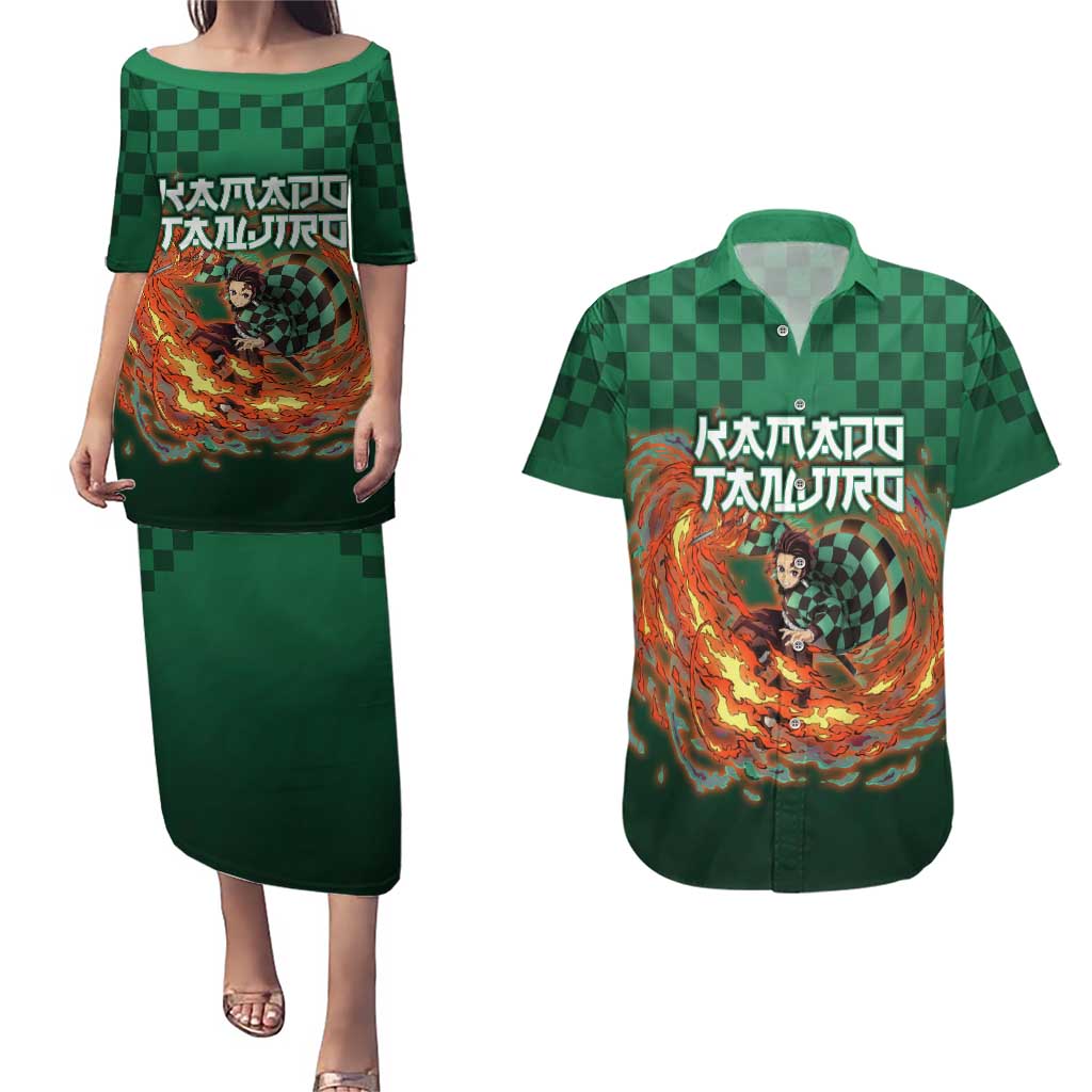 Kamado Tanjiro Demon Slayer Couples Matching Puletasi and Hawaiian Shirt Flame Burst Anime Checkered Style