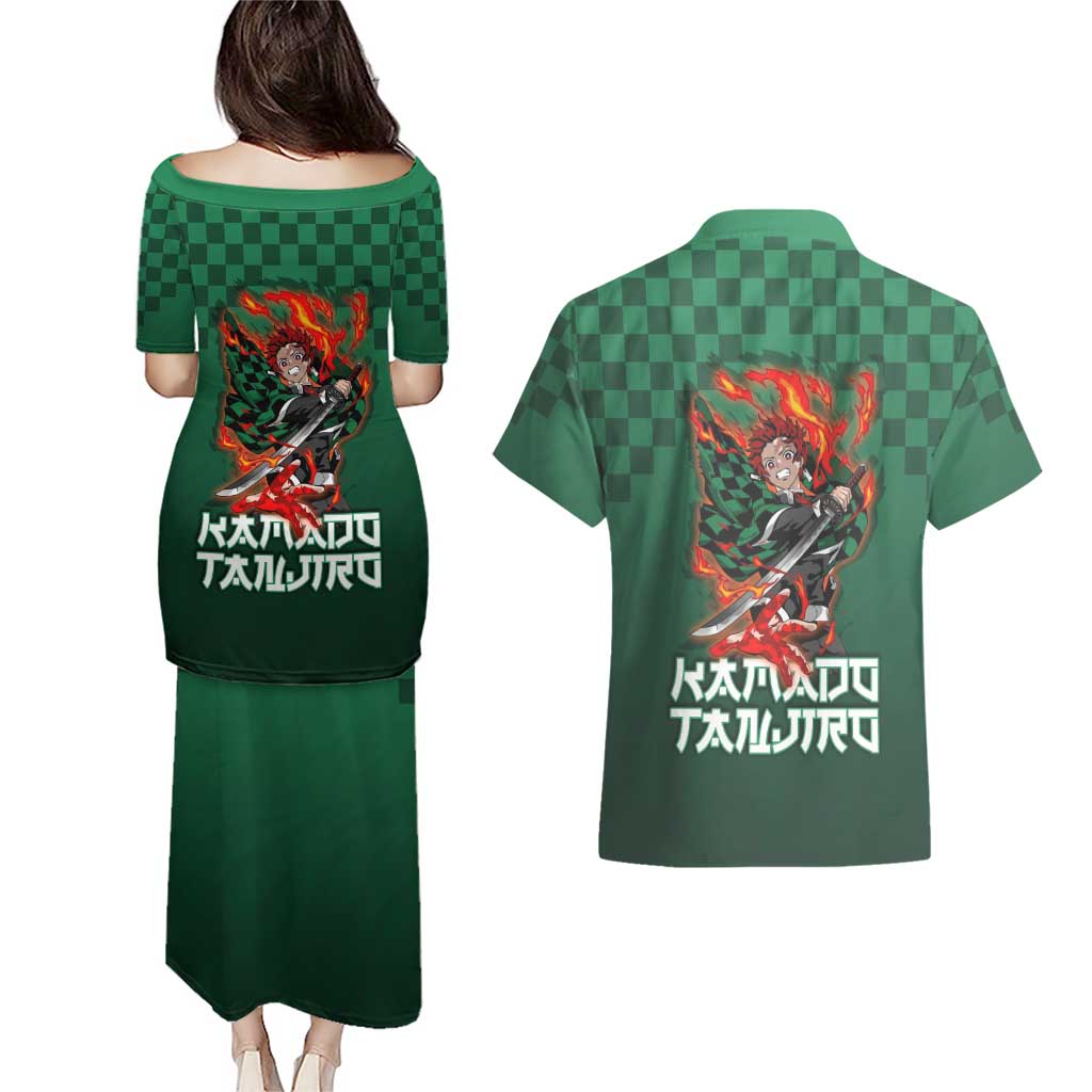 Kamado Tanjiro Demon Slayer Couples Matching Puletasi and Hawaiian Shirt Flame Burst Anime Checkered Style