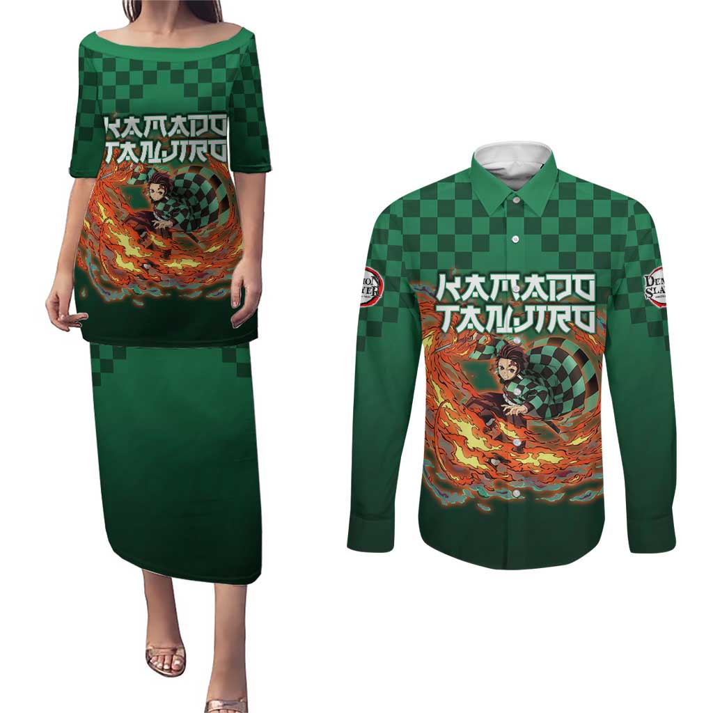Kamado Tanjiro Demon Slayer Couples Matching Puletasi and Long Sleeve Button Shirt Flame Burst Anime Checkered Style