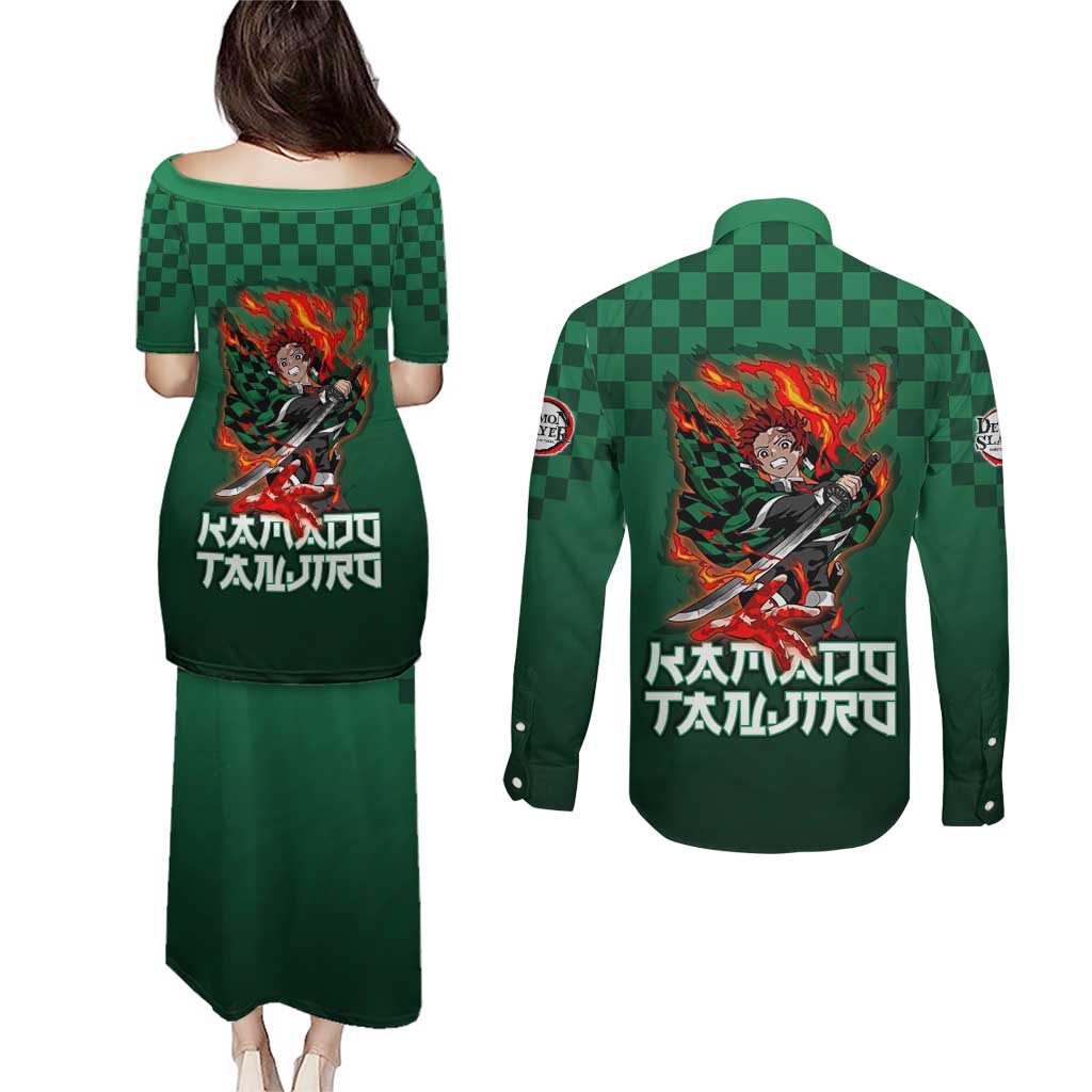 Kamado Tanjiro Demon Slayer Couples Matching Puletasi and Long Sleeve Button Shirt Flame Burst Anime Checkered Style
