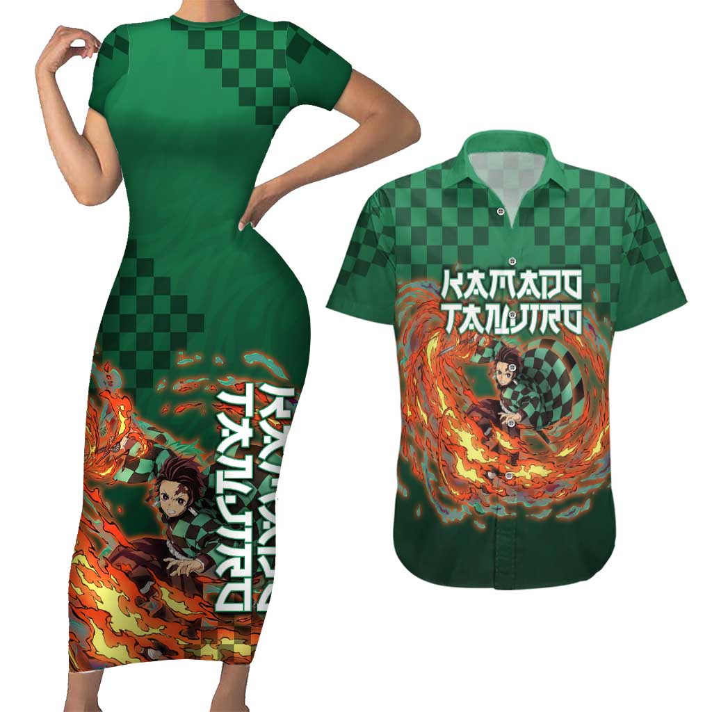 Kamado Tanjiro Demon Slayer Couples Matching Short Sleeve Bodycon Dress and Hawaiian Shirt Flame Burst Anime Checkered Style