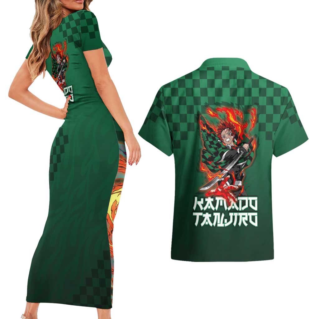 Kamado Tanjiro Demon Slayer Couples Matching Short Sleeve Bodycon Dress and Hawaiian Shirt Flame Burst Anime Checkered Style