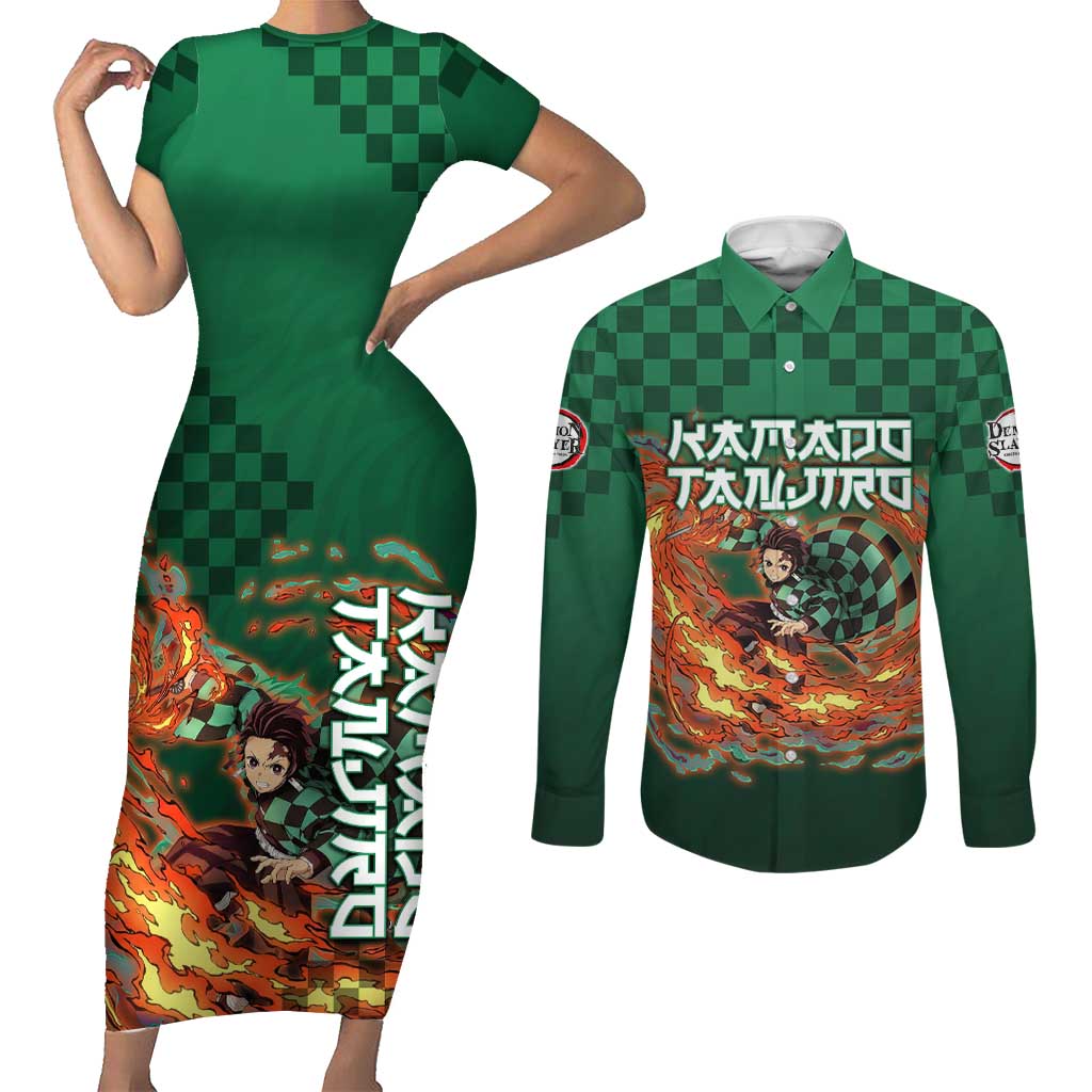 Kamado Tanjiro Demon Slayer Couples Matching Short Sleeve Bodycon Dress and Long Sleeve Button Shirt Flame Burst Anime Checkered Style