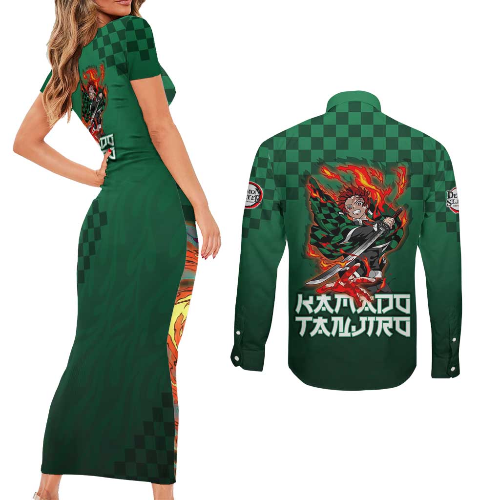 Kamado Tanjiro Demon Slayer Couples Matching Short Sleeve Bodycon Dress and Long Sleeve Button Shirt Flame Burst Anime Checkered Style