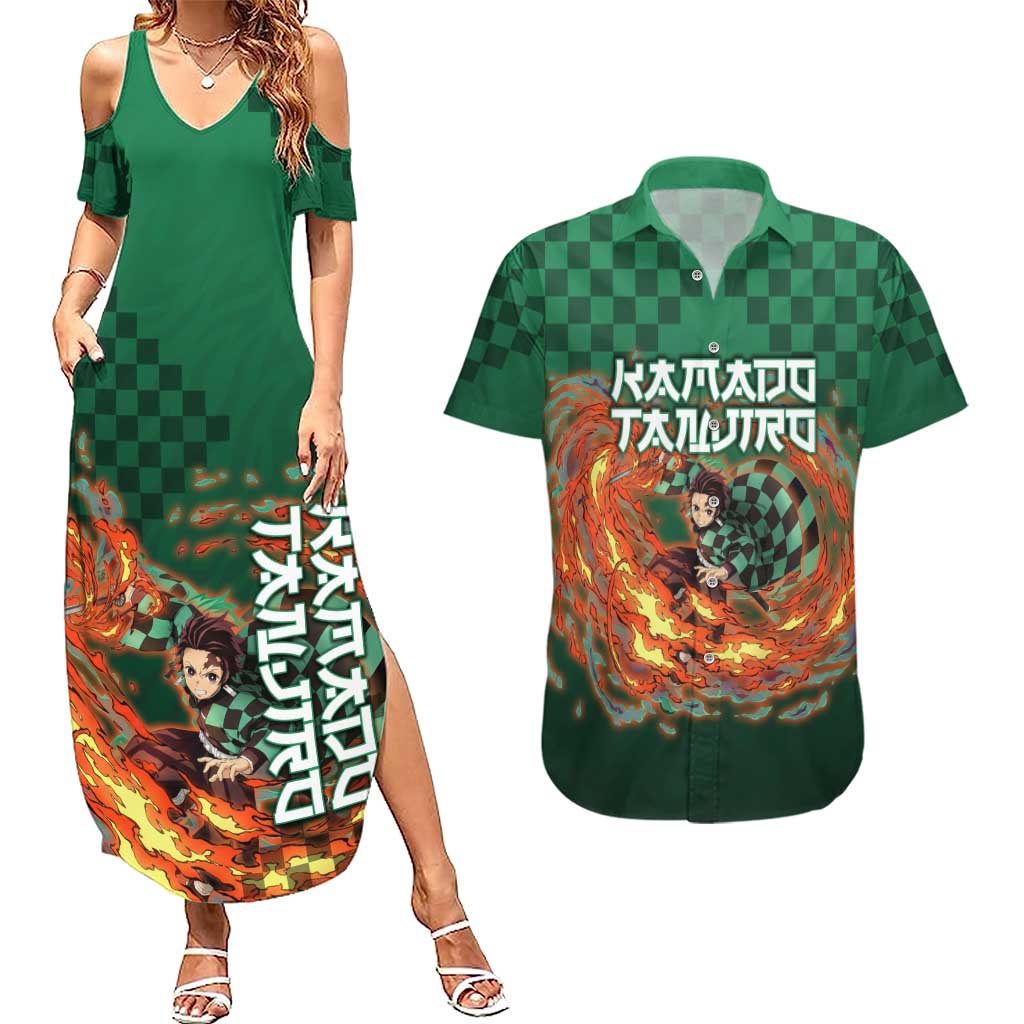 Kamado Tanjiro Demon Slayer Couples Matching Summer Maxi Dress and Hawaiian Shirt Flame Burst Anime Checkered Style