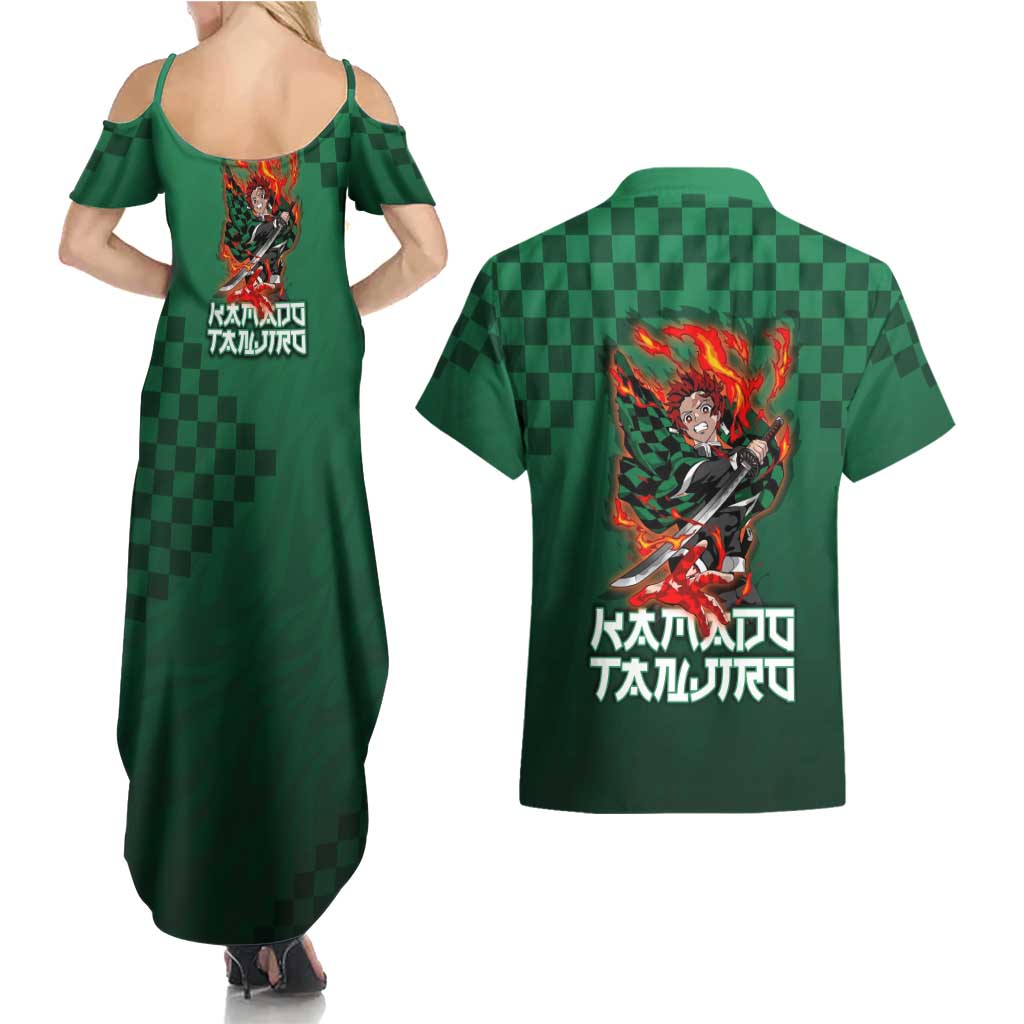 Kamado Tanjiro Demon Slayer Couples Matching Summer Maxi Dress and Hawaiian Shirt Flame Burst Anime Checkered Style