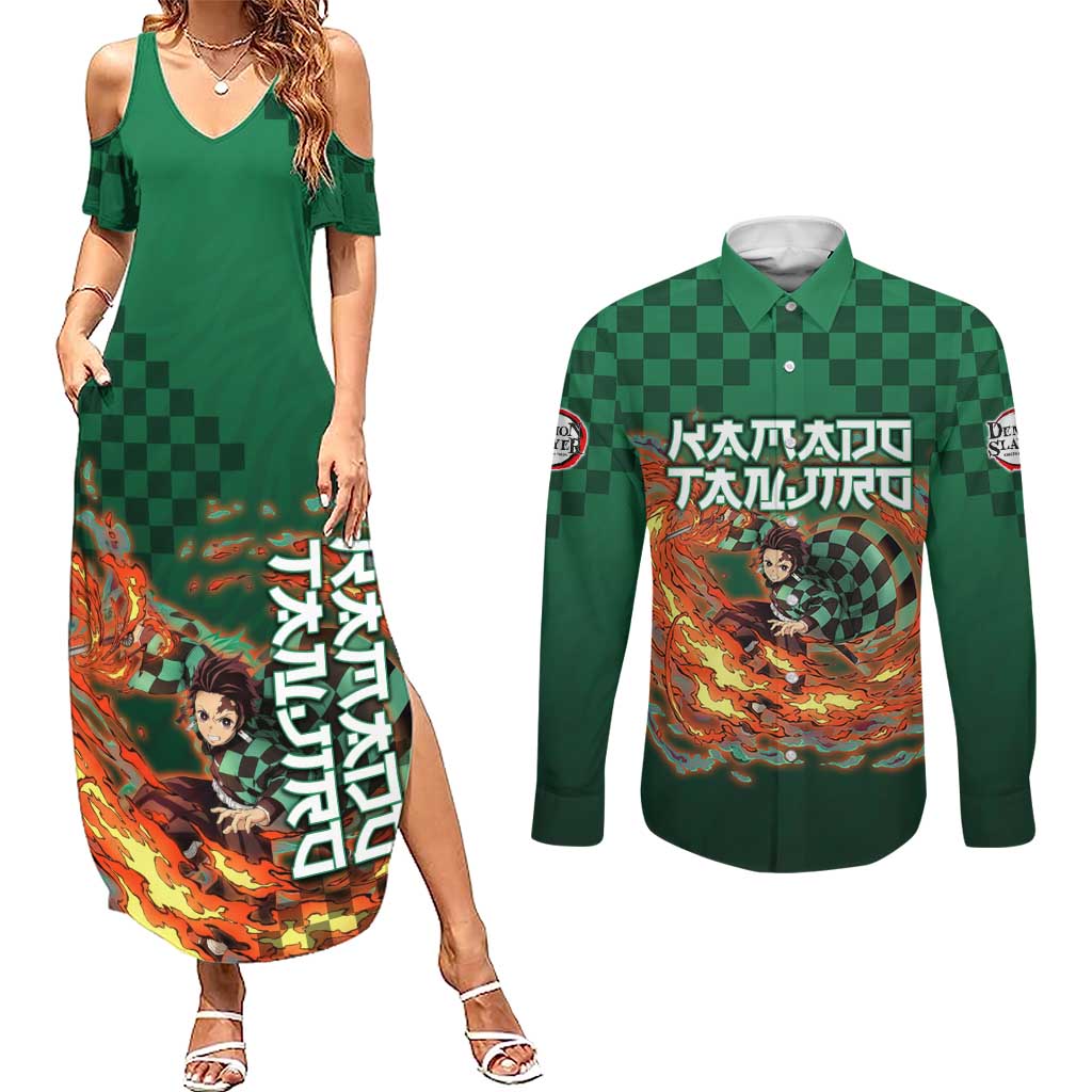Kamado Tanjiro Demon Slayer Couples Matching Summer Maxi Dress and Long Sleeve Button Shirt Flame Burst Anime Checkered Style