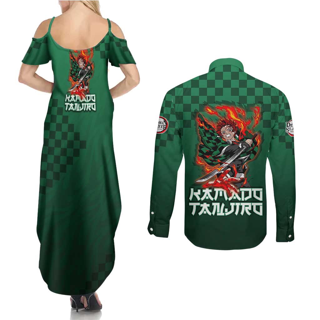 Kamado Tanjiro Demon Slayer Couples Matching Summer Maxi Dress and Long Sleeve Button Shirt Flame Burst Anime Checkered Style