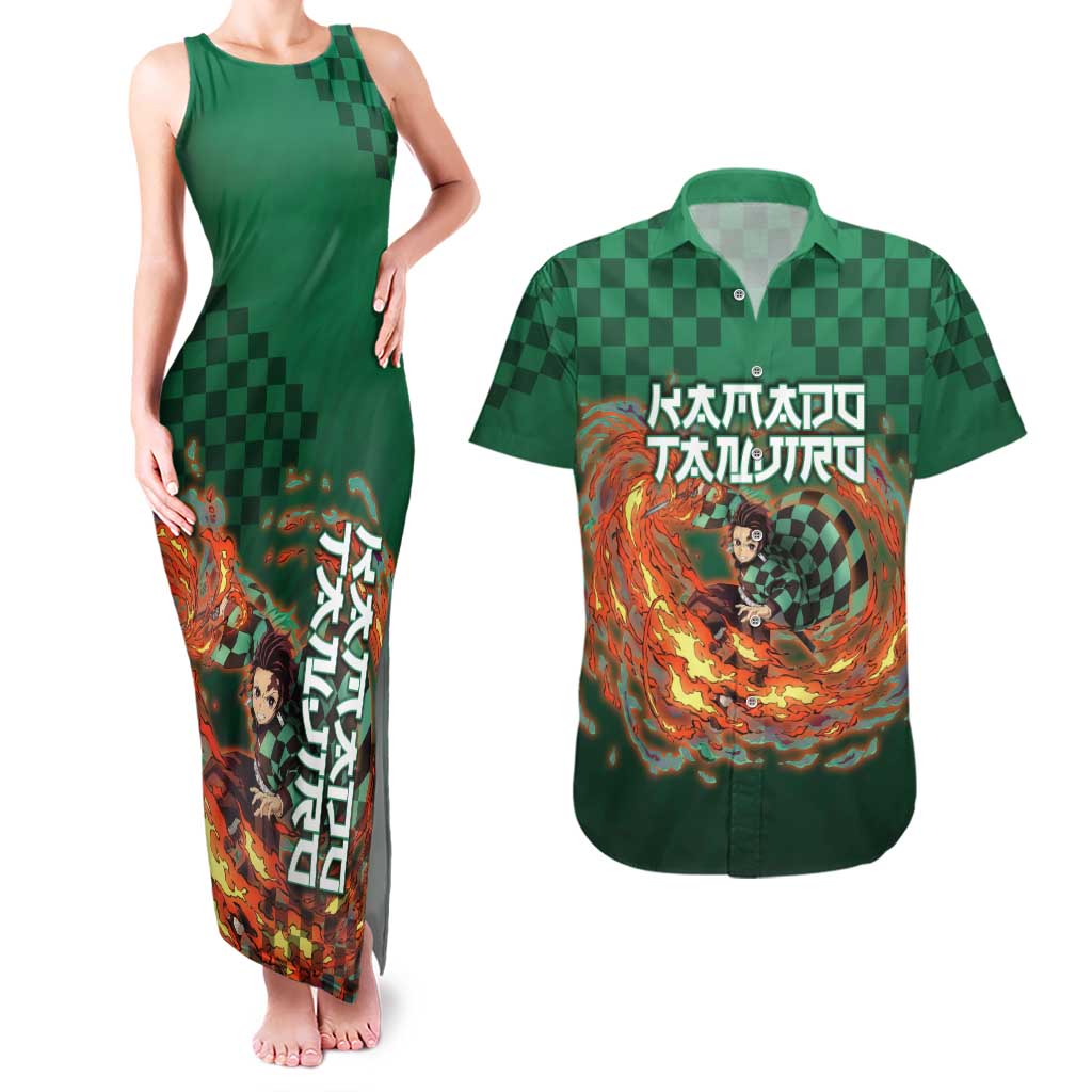 Kamado Tanjiro Demon Slayer Couples Matching Tank Maxi Dress and Hawaiian Shirt Flame Burst Anime Checkered Style