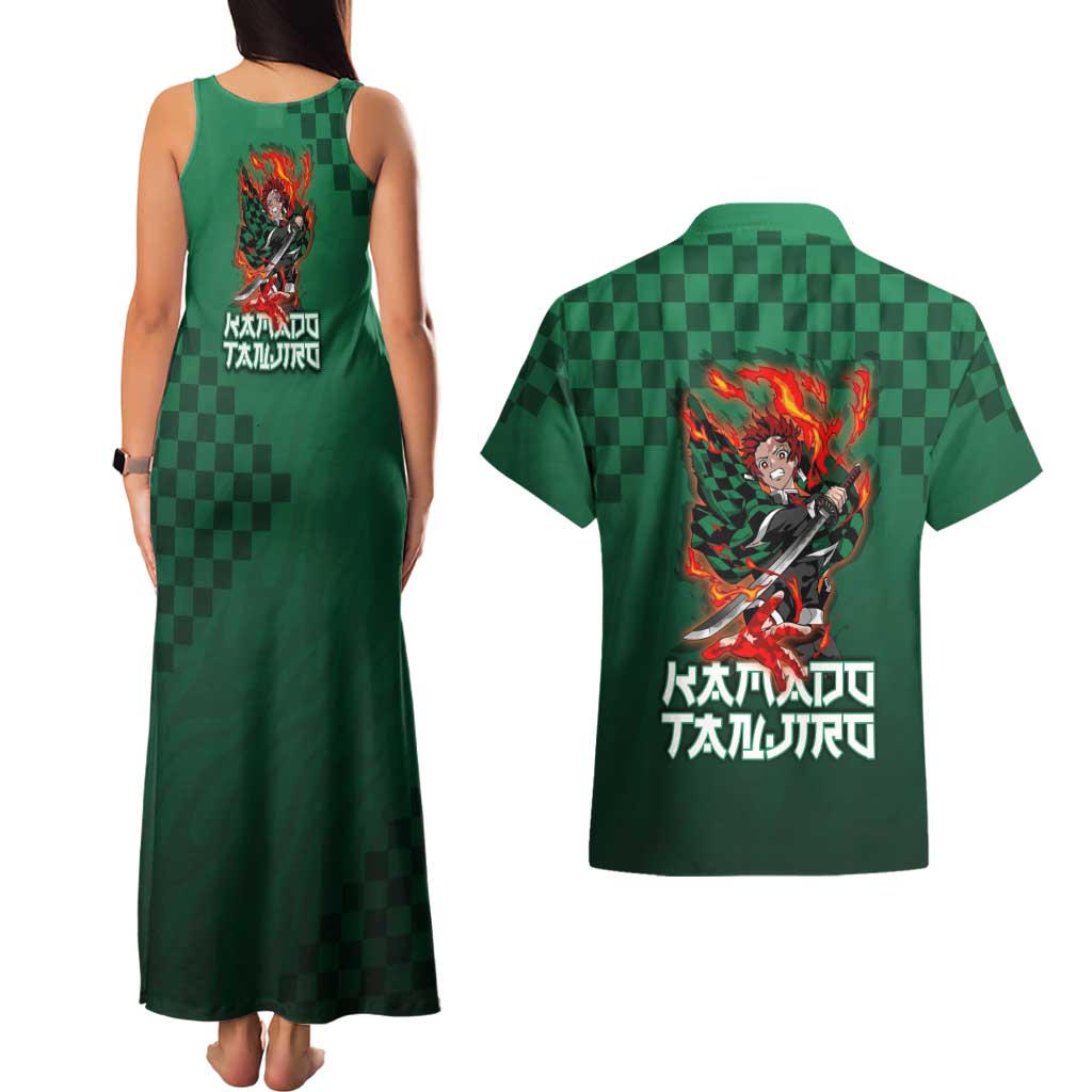 Kamado Tanjiro Demon Slayer Couples Matching Tank Maxi Dress and Hawaiian Shirt Flame Burst Anime Checkered Style