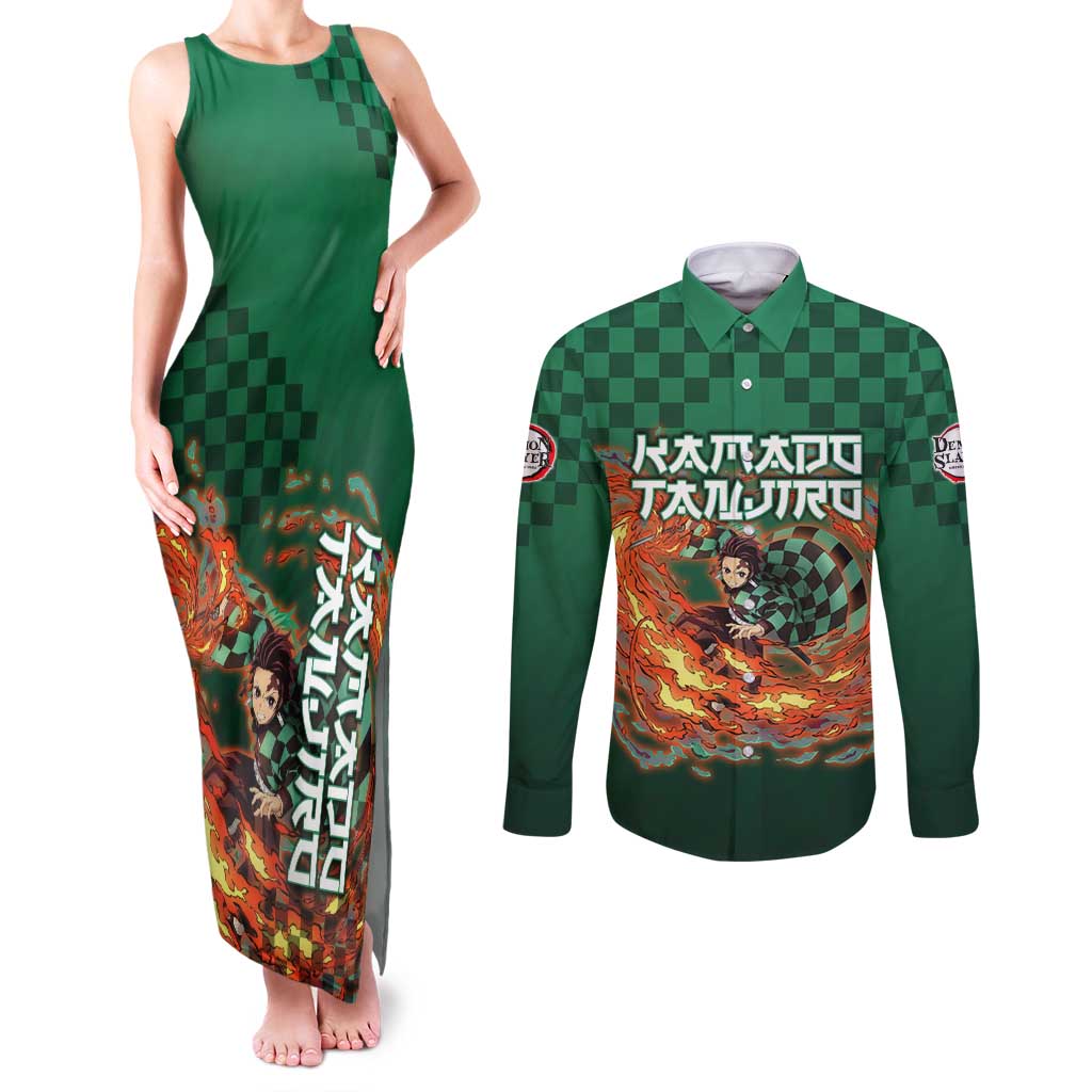 Kamado Tanjiro Demon Slayer Couples Matching Tank Maxi Dress and Long Sleeve Button Shirt Flame Burst Anime Checkered Style