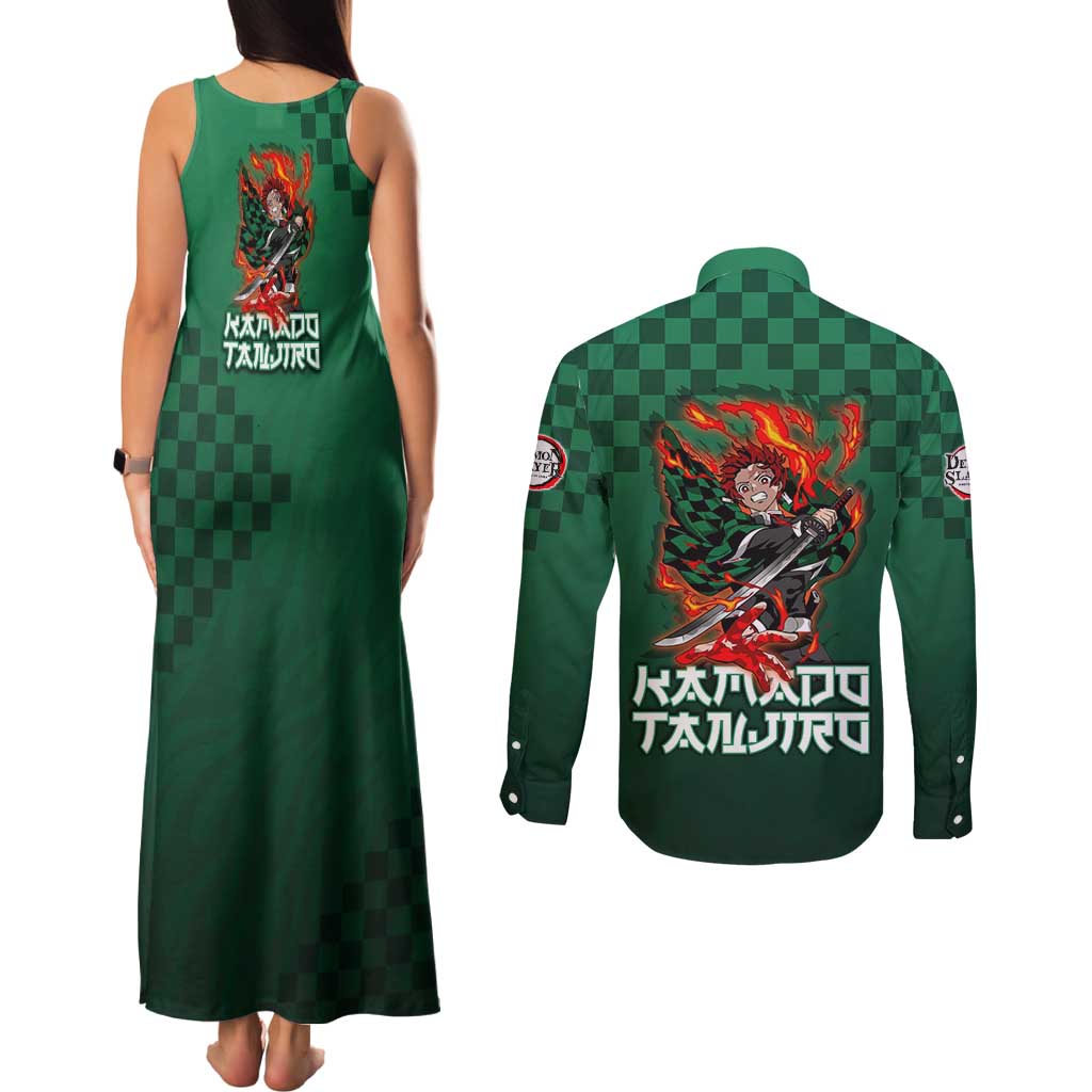 Kamado Tanjiro Demon Slayer Couples Matching Tank Maxi Dress and Long Sleeve Button Shirt Flame Burst Anime Checkered Style
