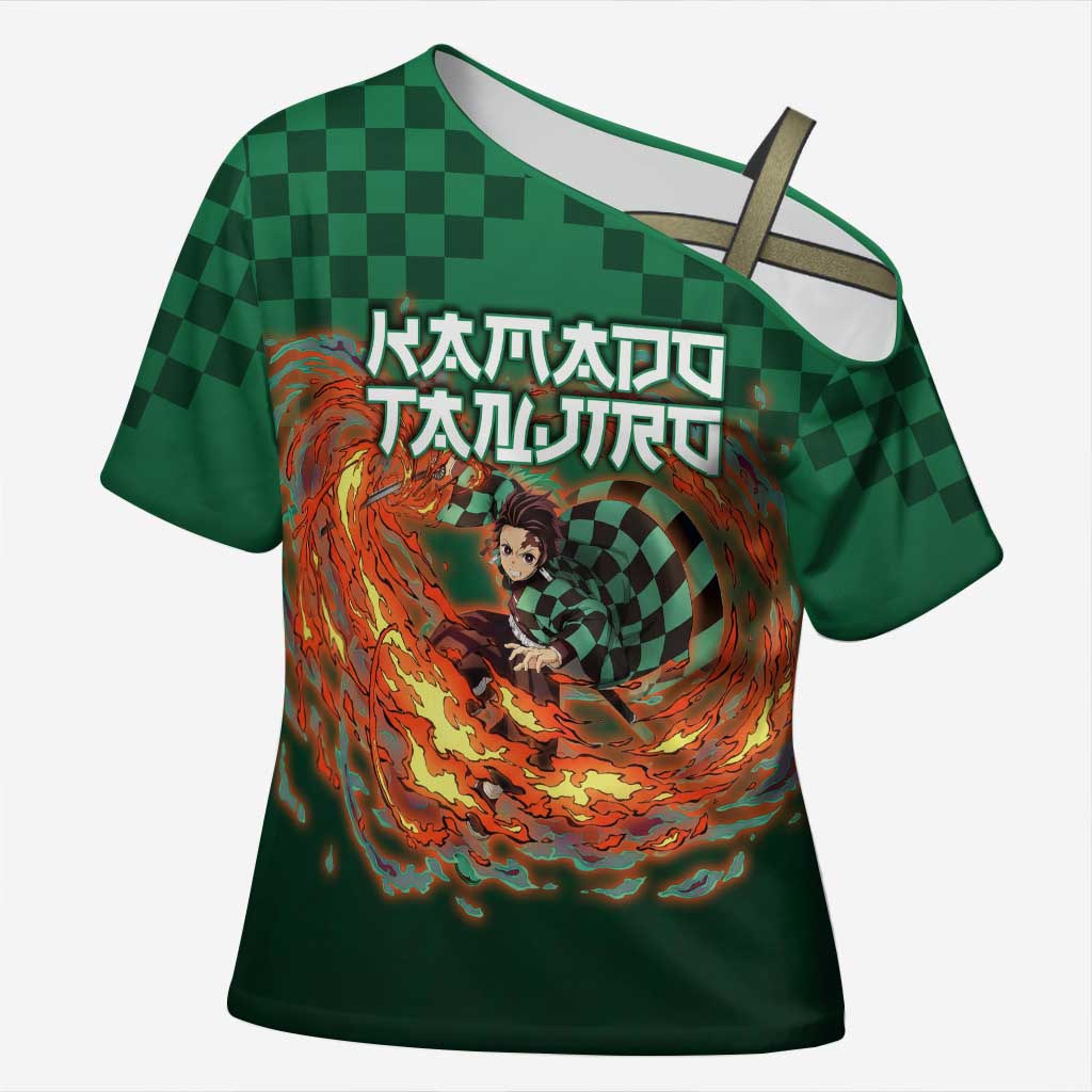 Kamado Tanjiro Demon Slayer Cross Shoulder Shirt Flame Burst Anime Checkered Style